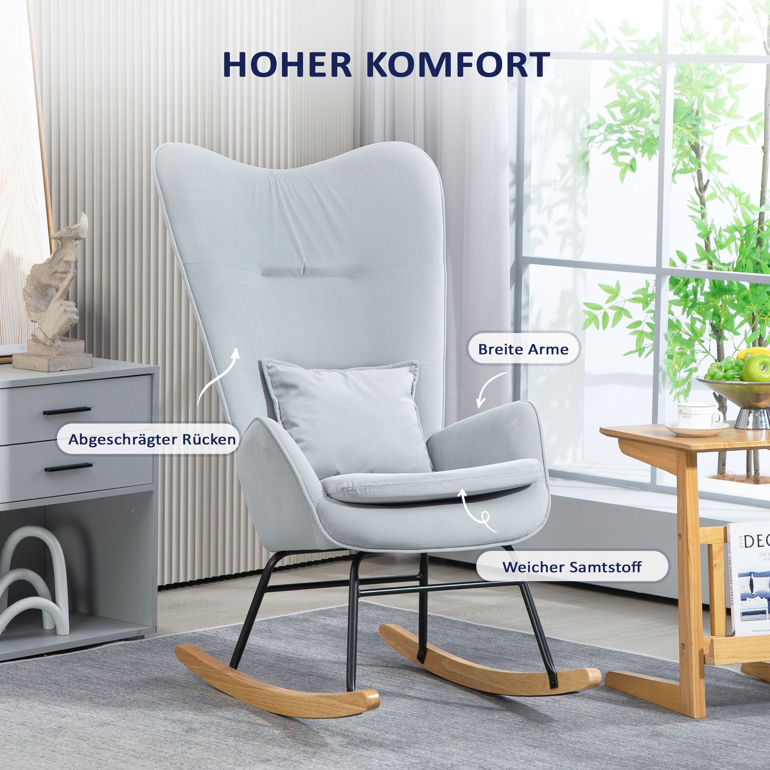 Velvet Look gungstol, 120 kg kapacitet, ljusgrå