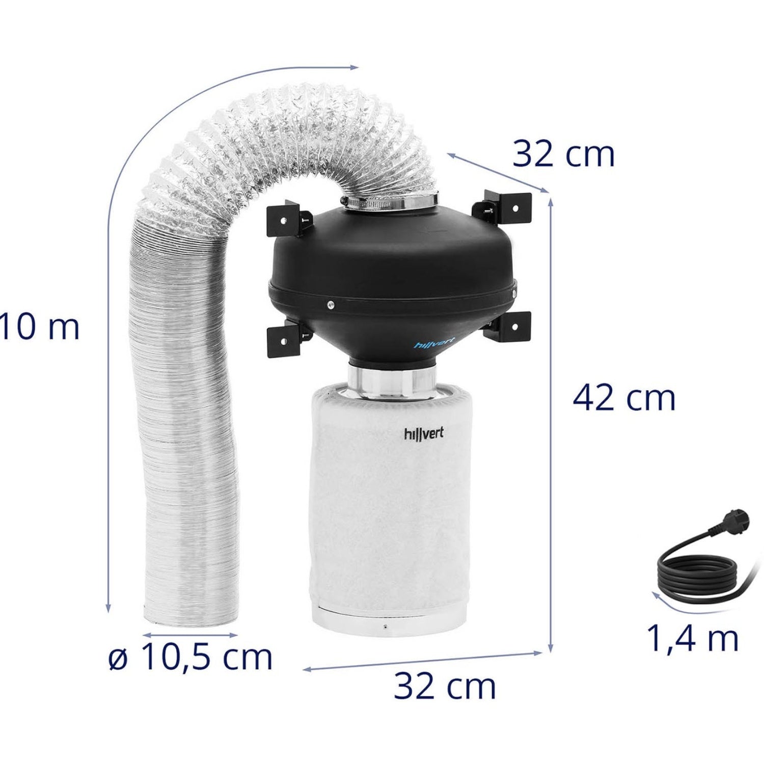 Ventilationssats, fläkt, kolfilter, 30 cm, ventilationsrör dia. 100mm 10m