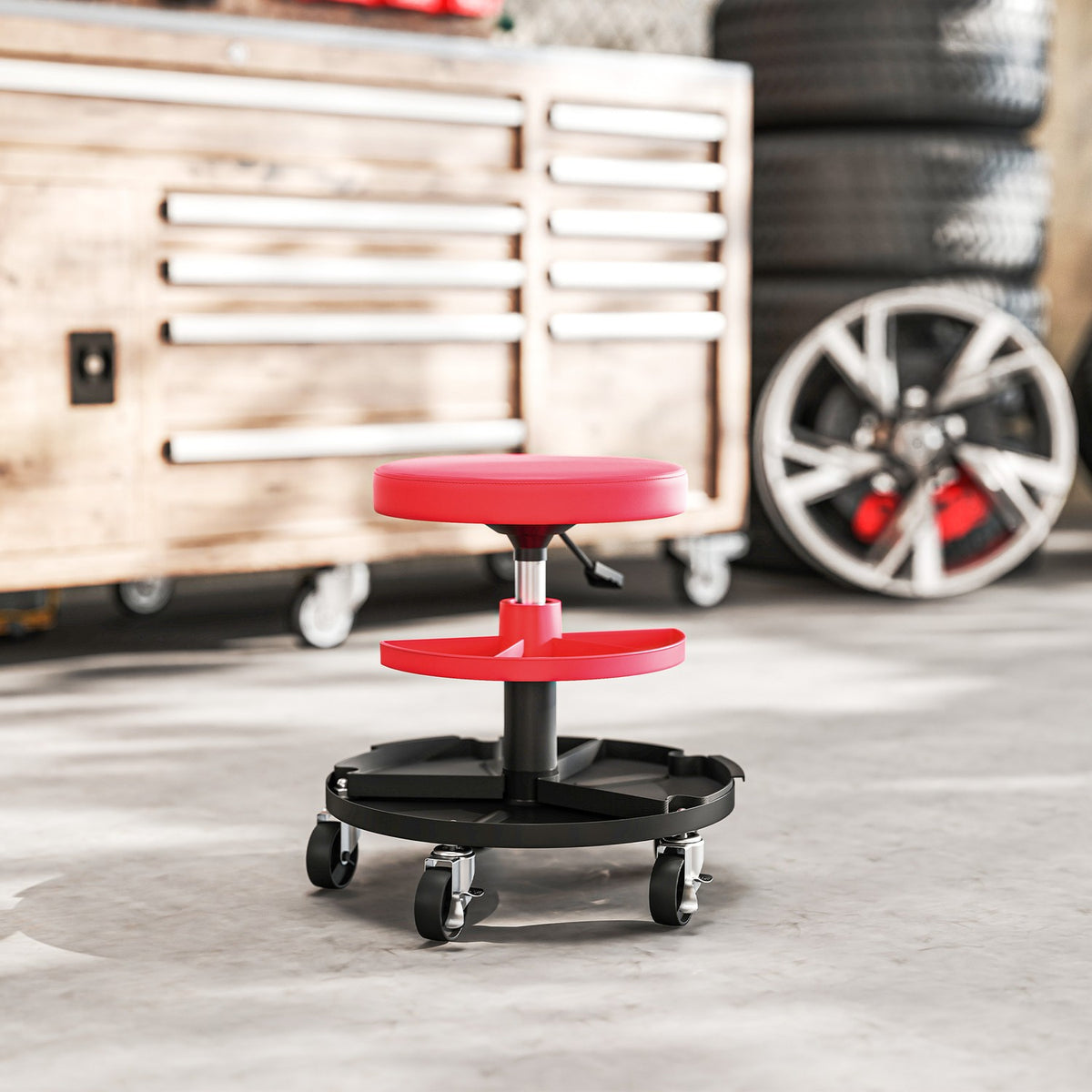 Verkstadspall med hjul, brickor, höjdjusterbar 40–51 cm, rullpall, lastkapacitet upp till 135 kg, röd