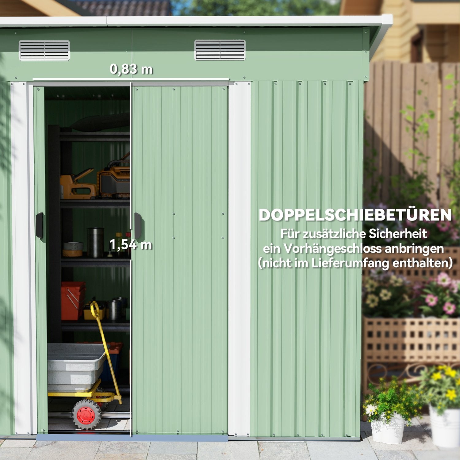 Verktygsbod i metall 2,3 m² 207 x 130 x 182 cm med takfönster golvram grön