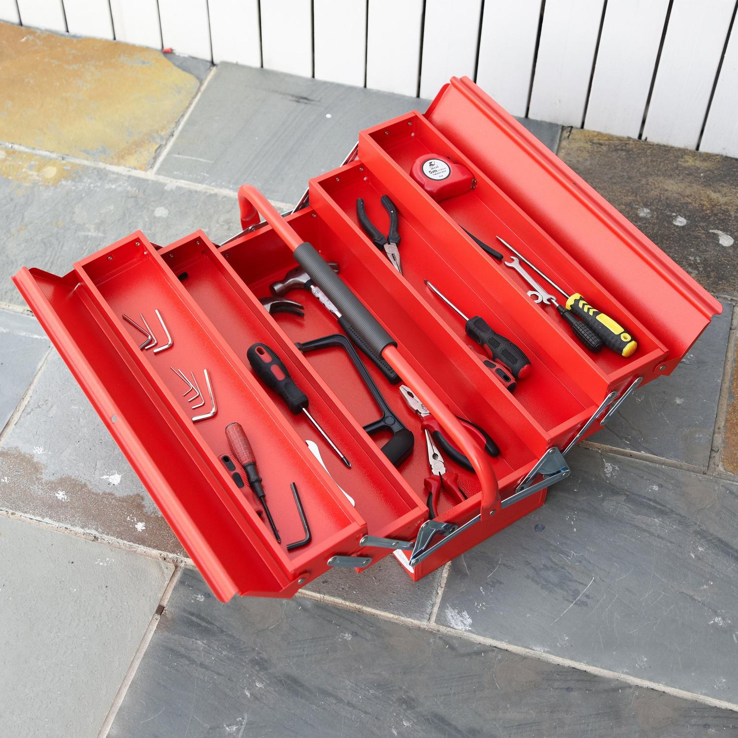 Fällbar verktygslåda i stål – 5 fack, röd, 57x21x41 Cm