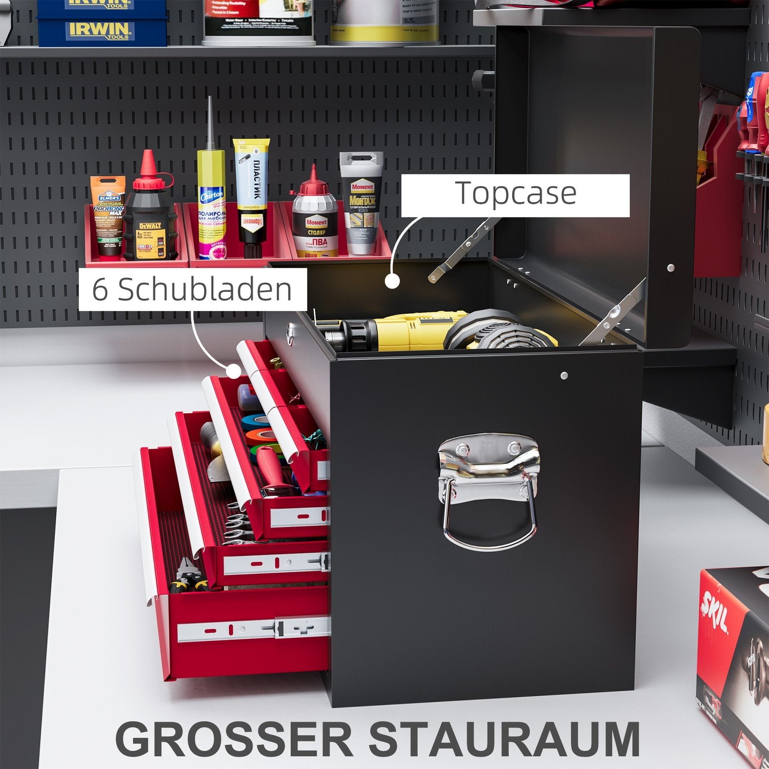 Verktygslåda i stål med lås & handtag, 6 lådor, 60x26x34 cm