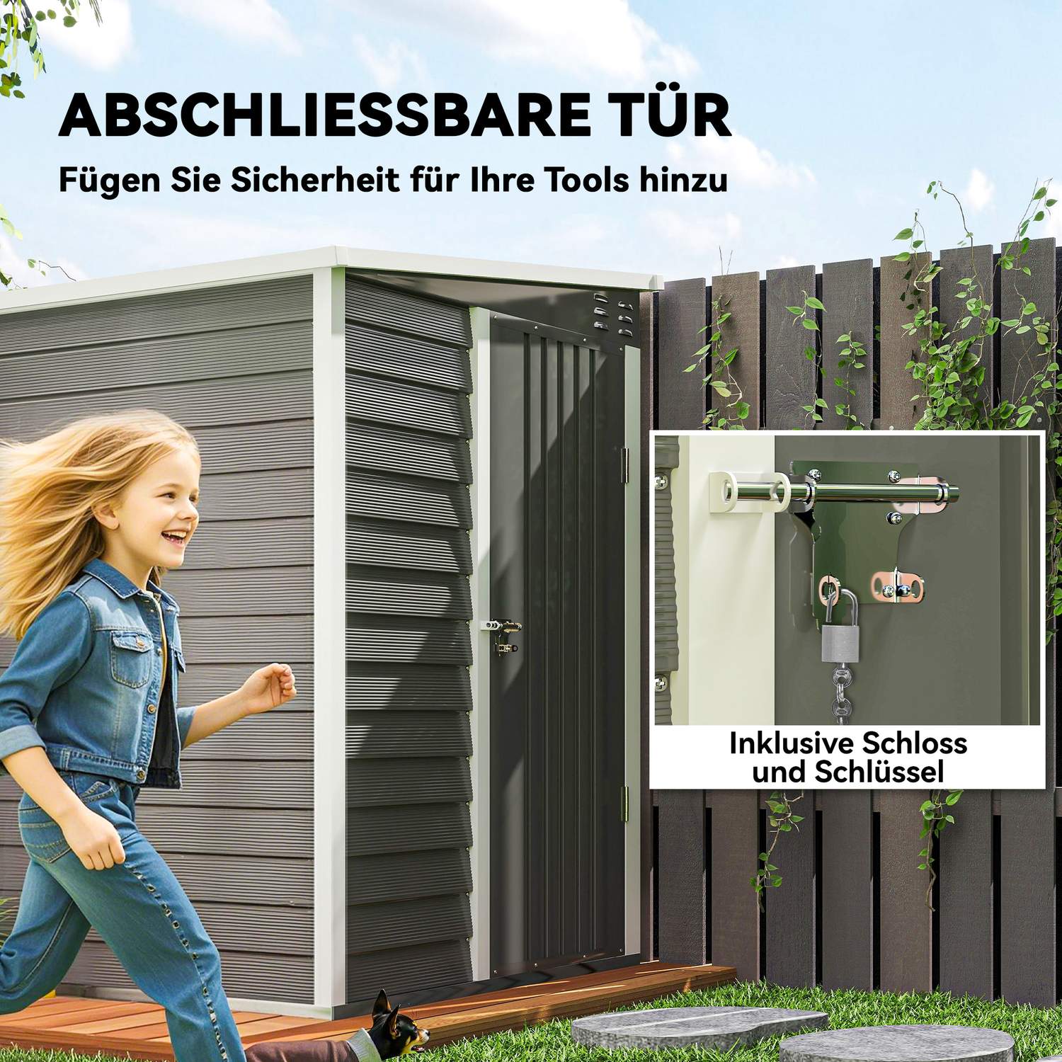 Verktygsskjul i metall, 2,3 m², låsbart, väderbeständigt, grått