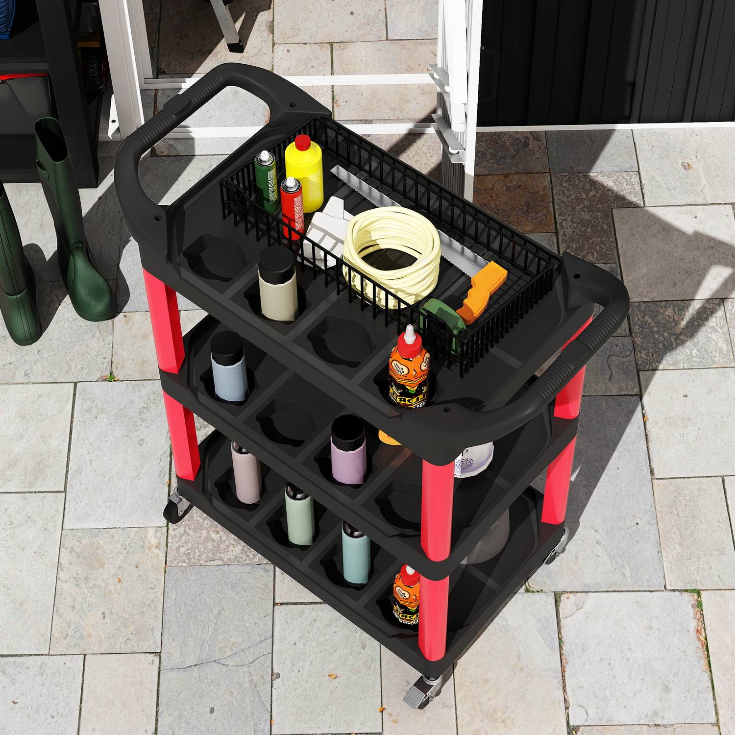 Verktygsvagn med 3 nivåer, sidohandtag, hjul, plast, röd