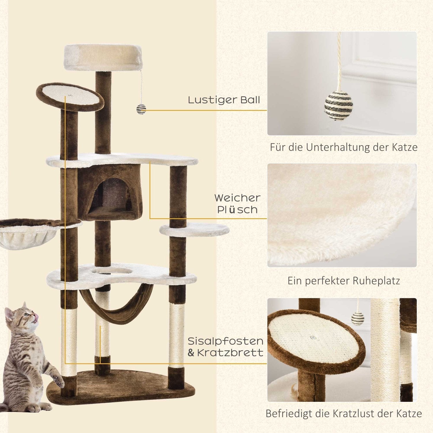 Ripestolpe Xxl med kattehule og hengekøye Multi-Level Cat Tree Multi-aktivitetssenter, plysj, brun, 213X91X122Cm