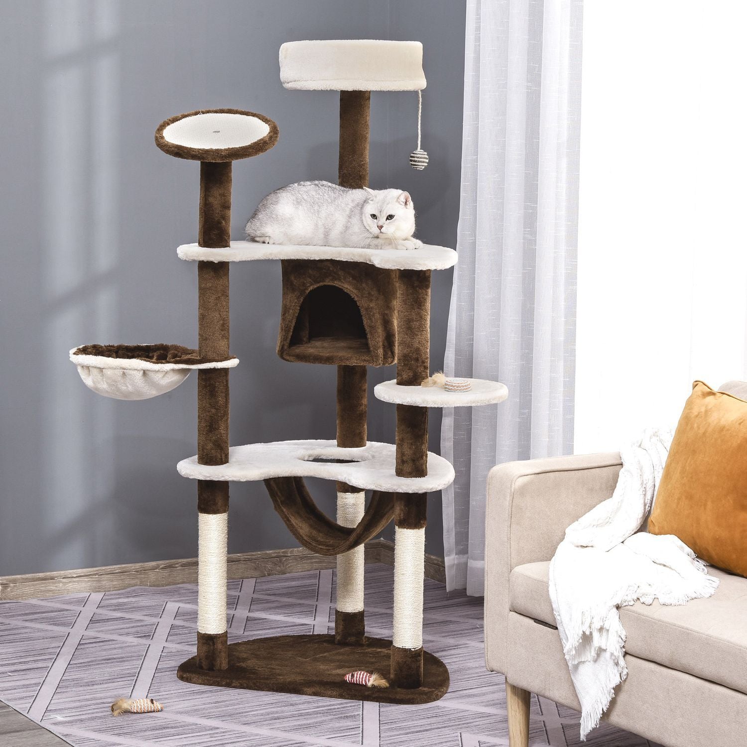 Ripestolpe Xxl med kattehule og hengekøye Multi-Level Cat Tree Multi-aktivitetssenter, plysj, brun, 213X91X122Cm