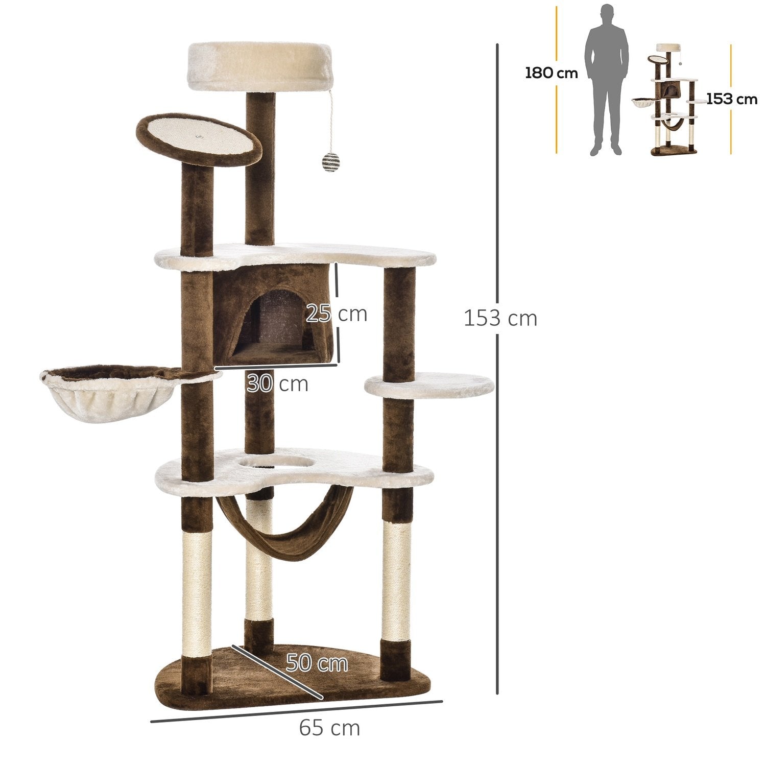 Ripestolpe Xxl med kattehule og hengekøye Multi-Level Cat Tree Multi-aktivitetssenter, plysj, brun, 213X91X122Cm