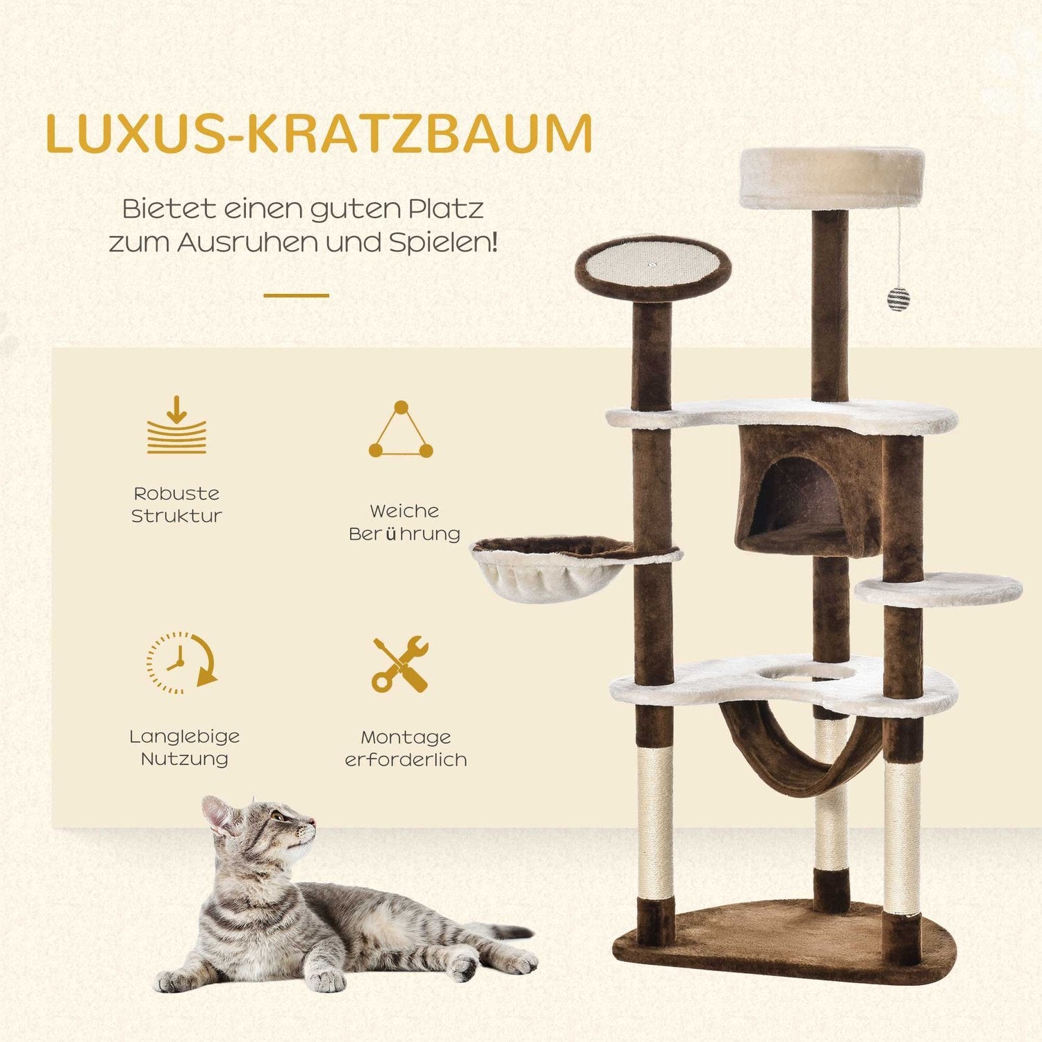 Ripestolpe Xxl med kattehule og hengekøye Multi-Level Cat Tree Multi-aktivitetssenter, plysj, brun, 213X91X122Cm