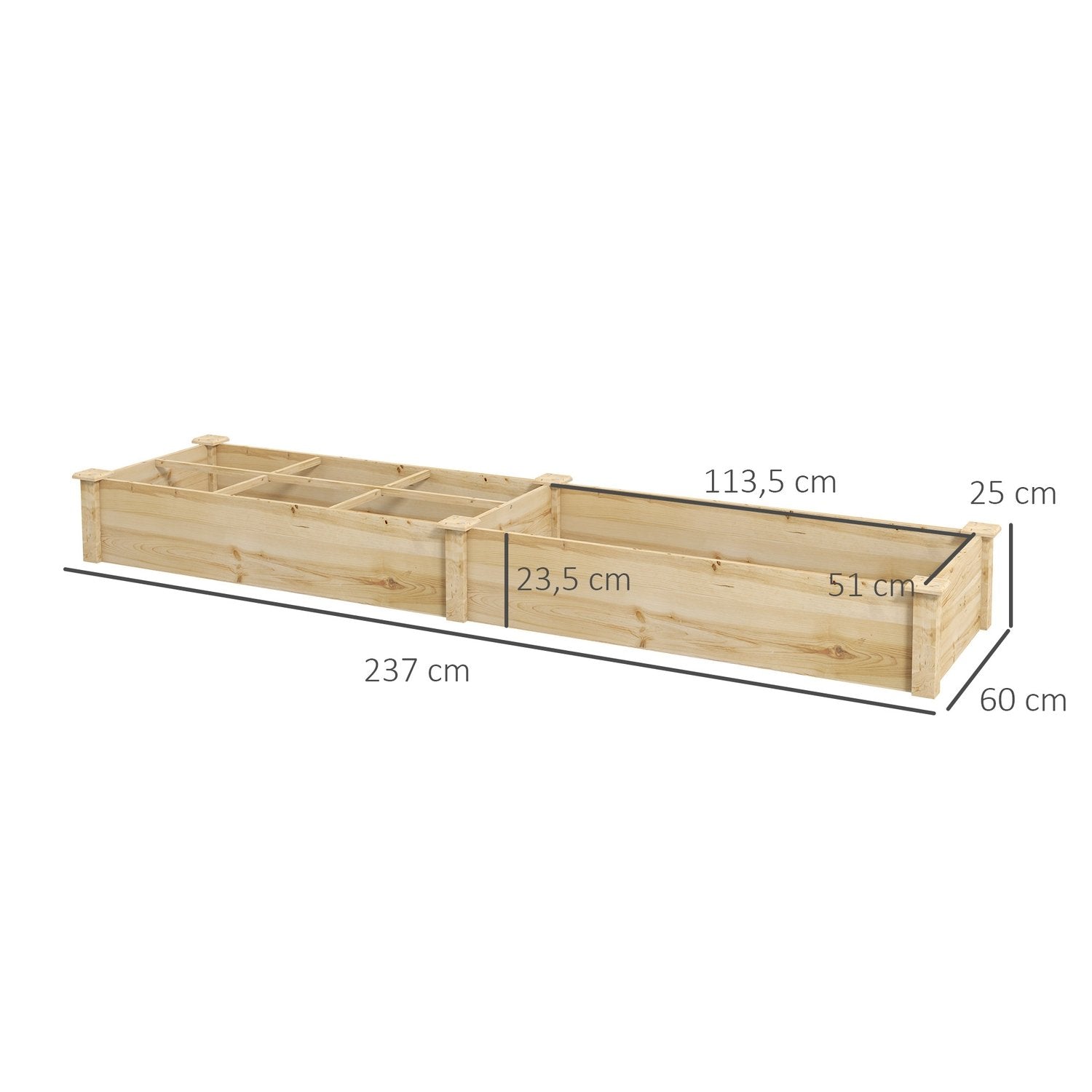 Opphøyd treseng, stor plantekasse med 2 rom, blomsterkasse, urtebed, grønnsaksseng for hage, balkong, natur, 237 x 60 x 25 cm