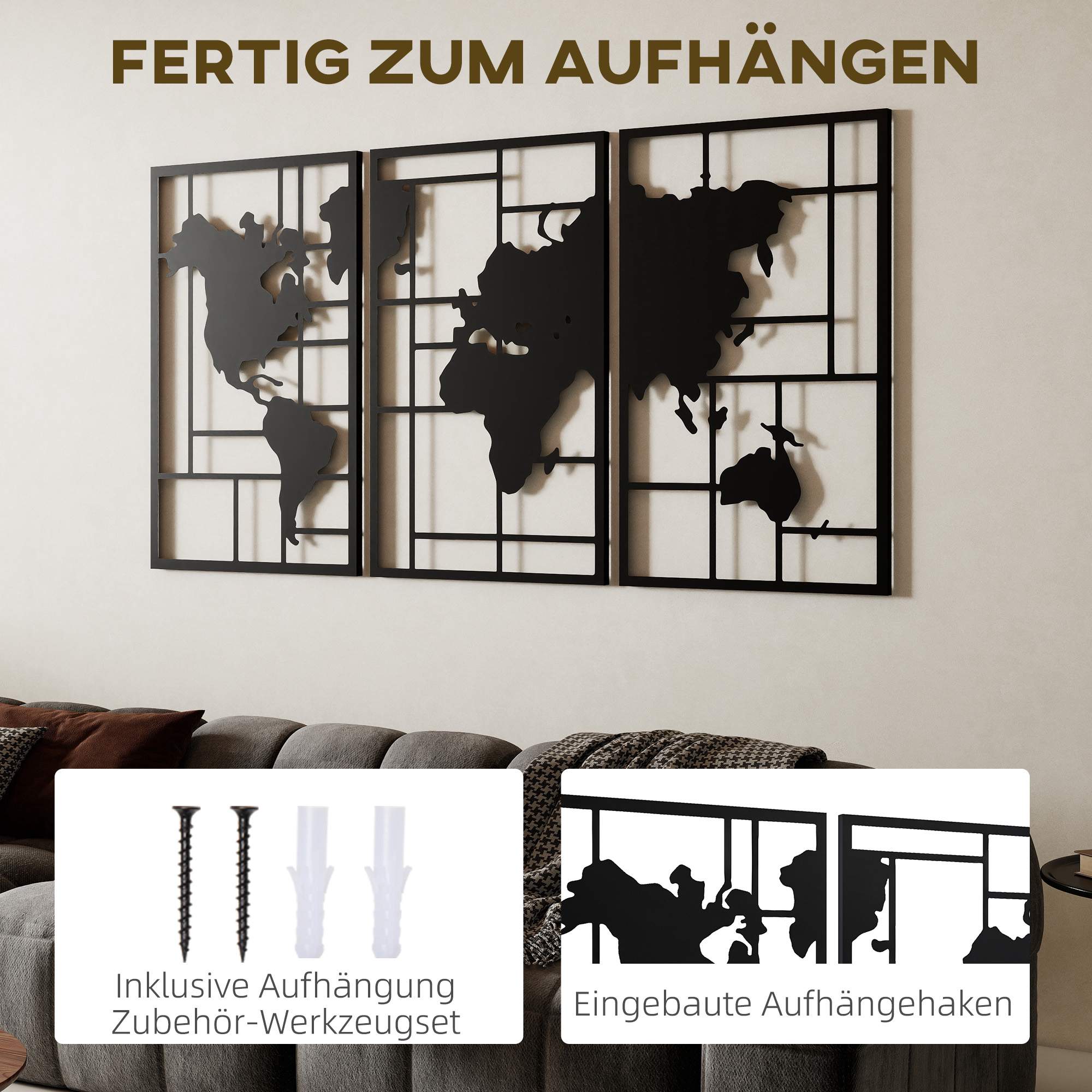 Väggdekorationsset i metall – 3-delad världskarta, 50x80 cm, svart