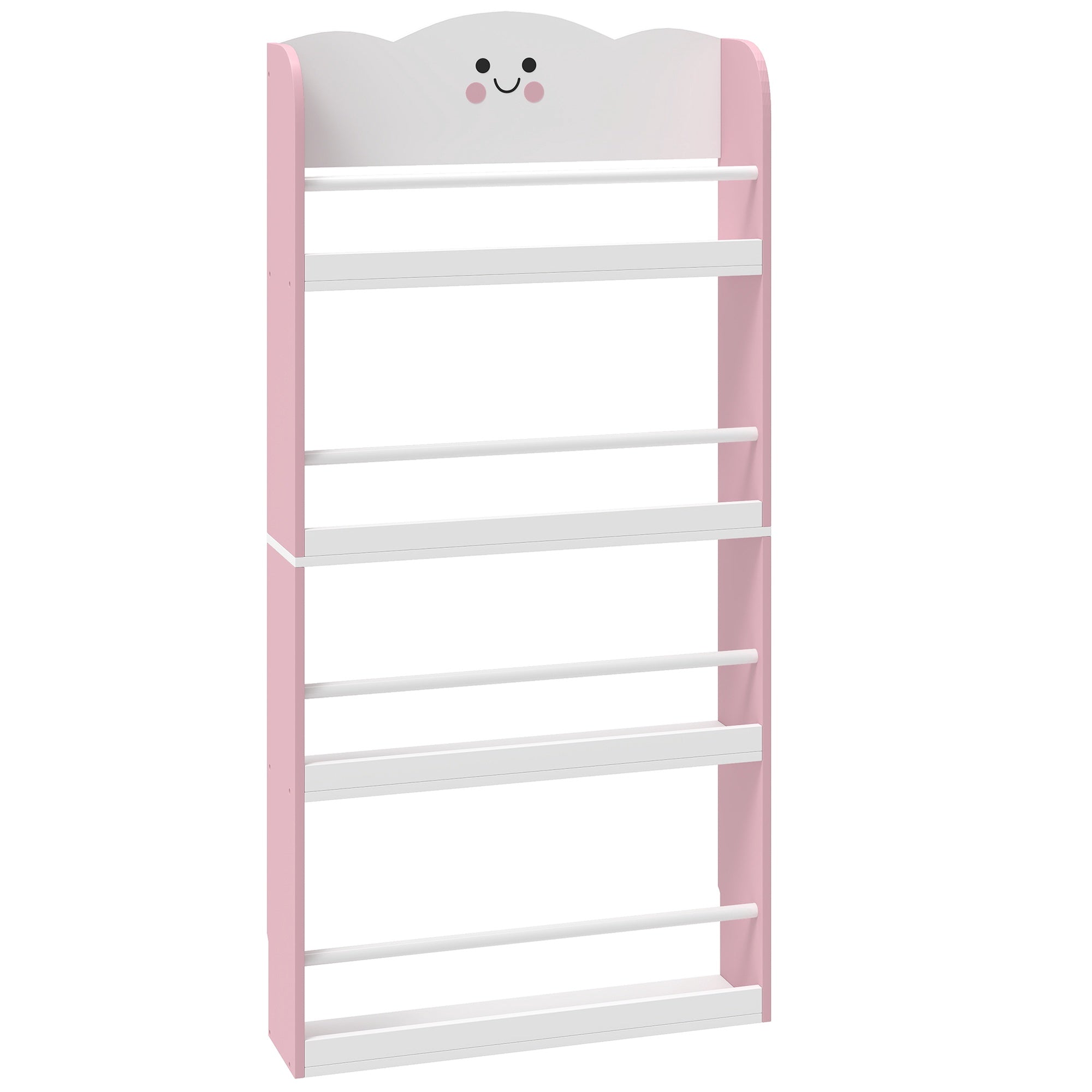 Väggmonterad barnbokhylla, 4 våningar, rosa/vit