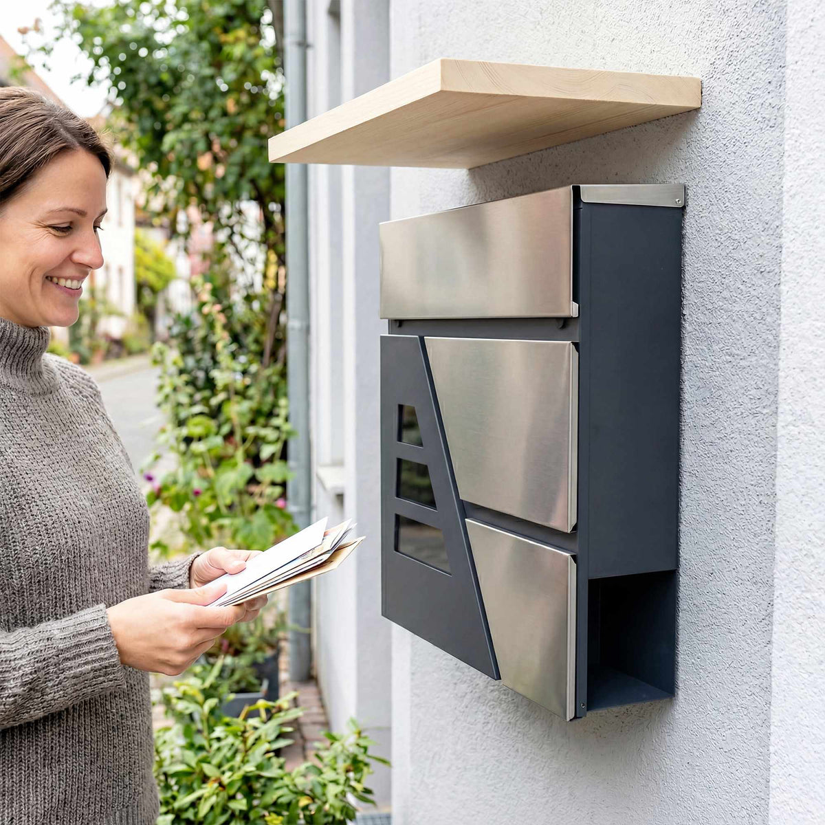 Vegghengt postkasse, 13 l, stille lukking, mørkegrå