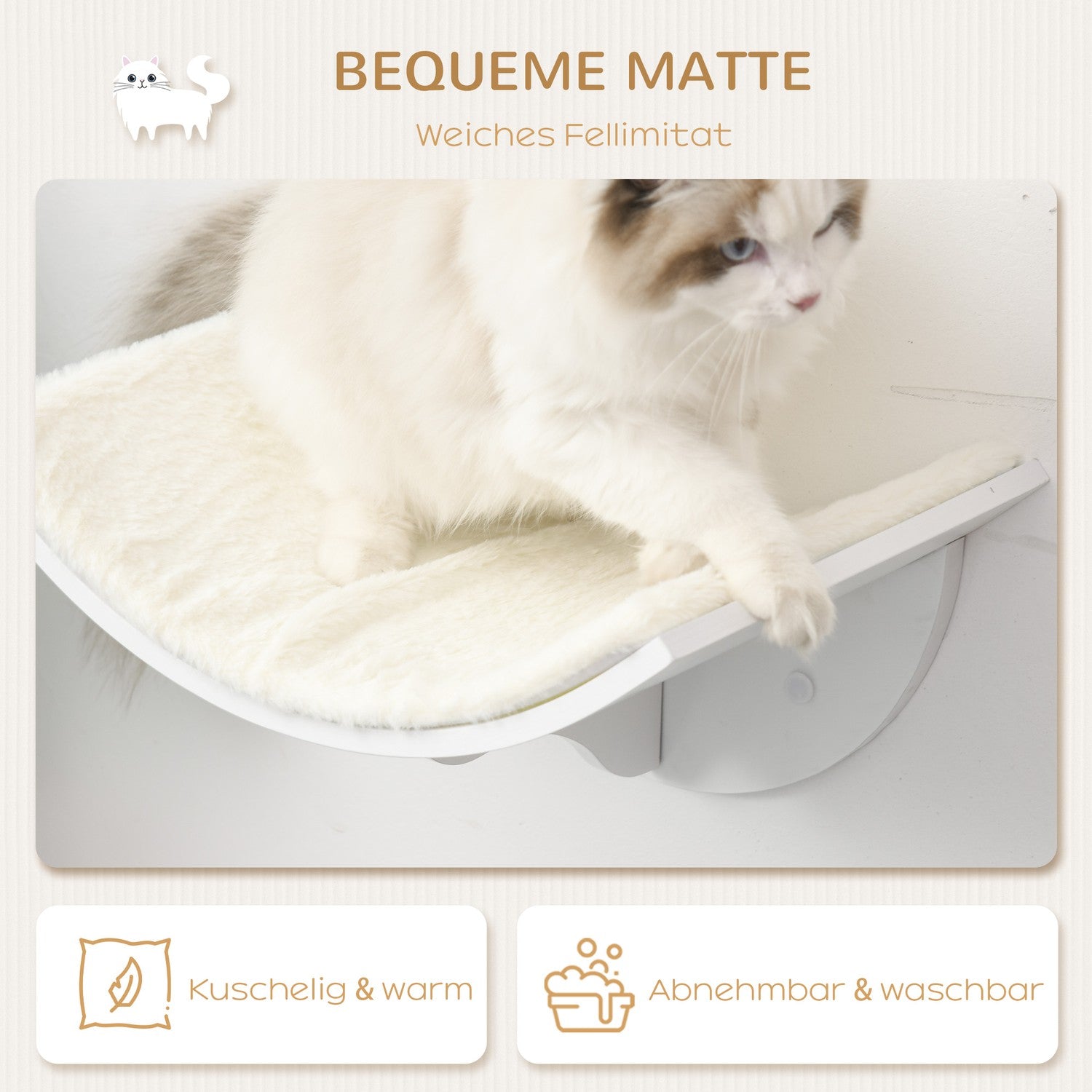 Väggmonterad kattsäng med plyschkudde, vit