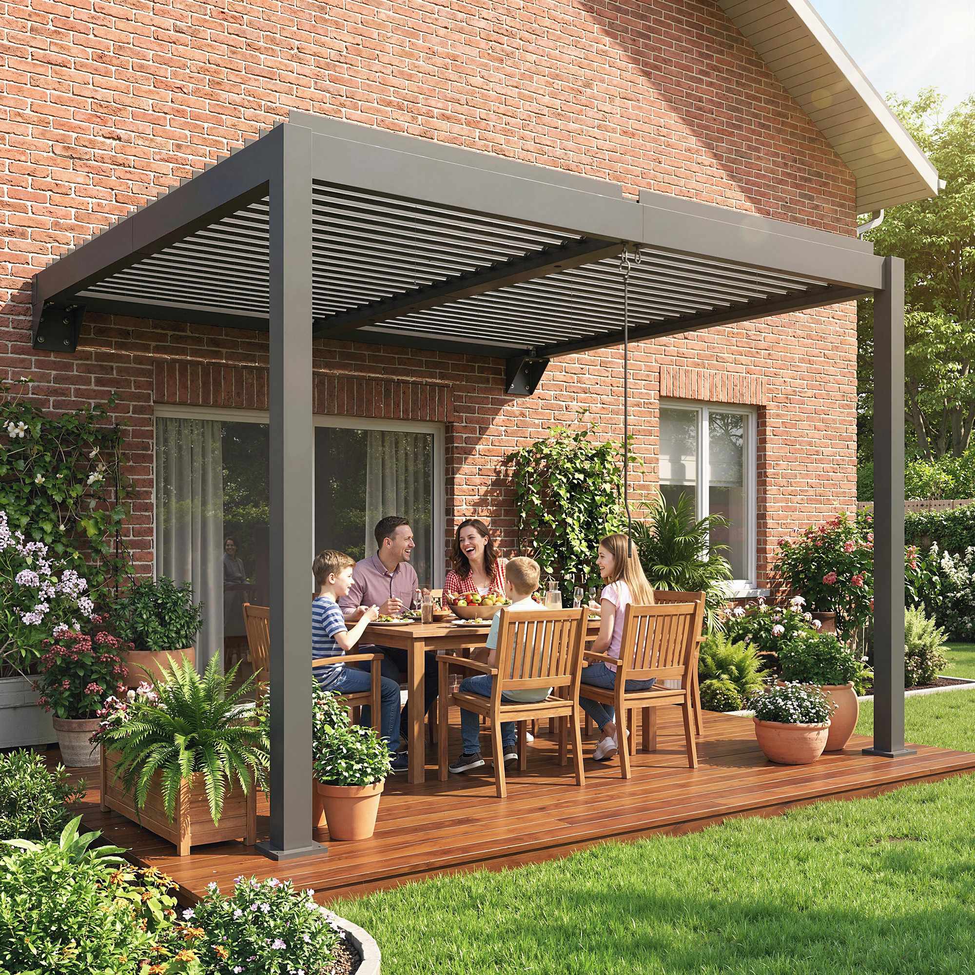 Väggmonterad pergola med lameller, 3x3m, justerbart metalltak