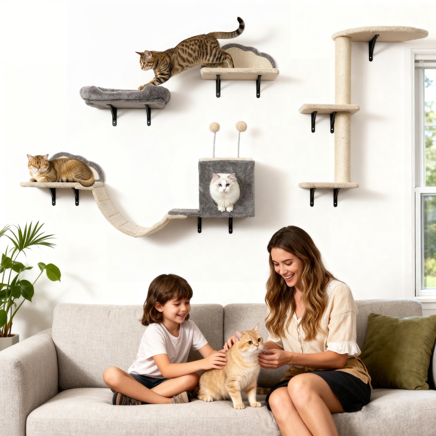 Väggmonterat klösträd, sisal, 4 delar, beige