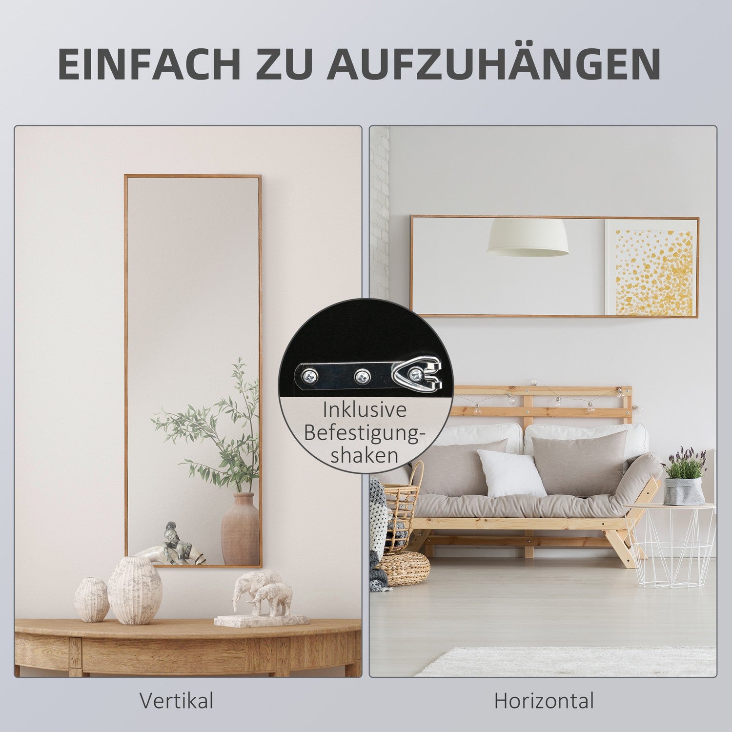 Veggspeil 125x45 cm – treramme, naturlig finish