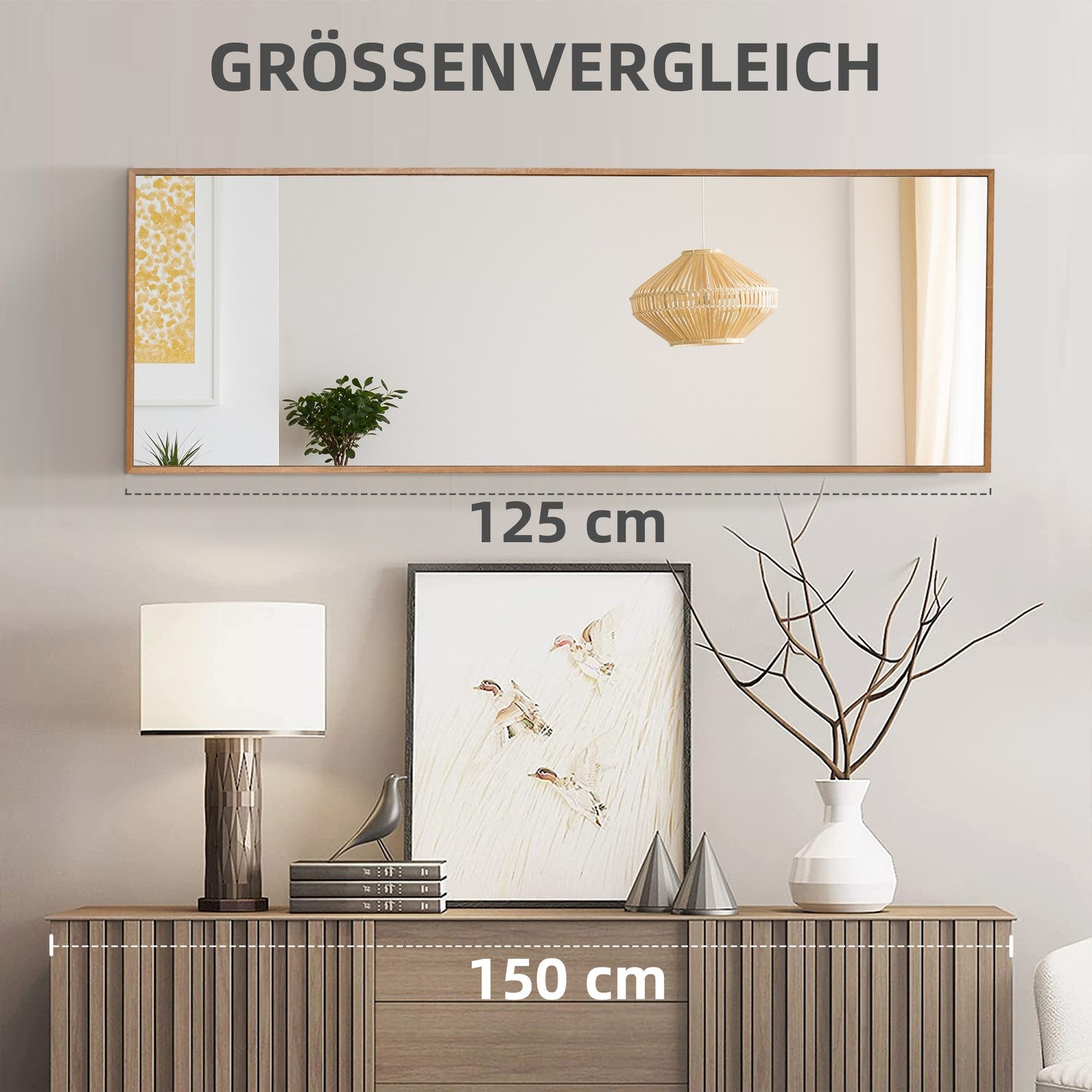 Veggspeil 125x45 cm – treramme, naturlig finish