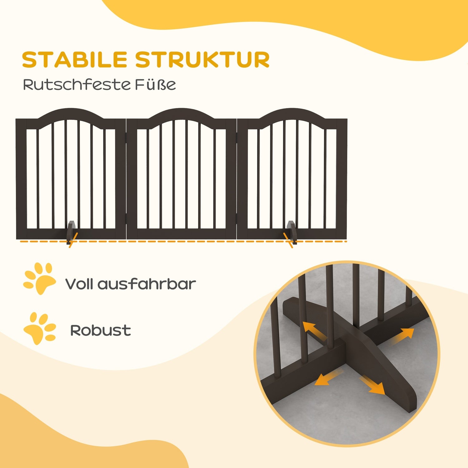 Vikbar hundgrind, kaffebrun, 3-panel med fötter