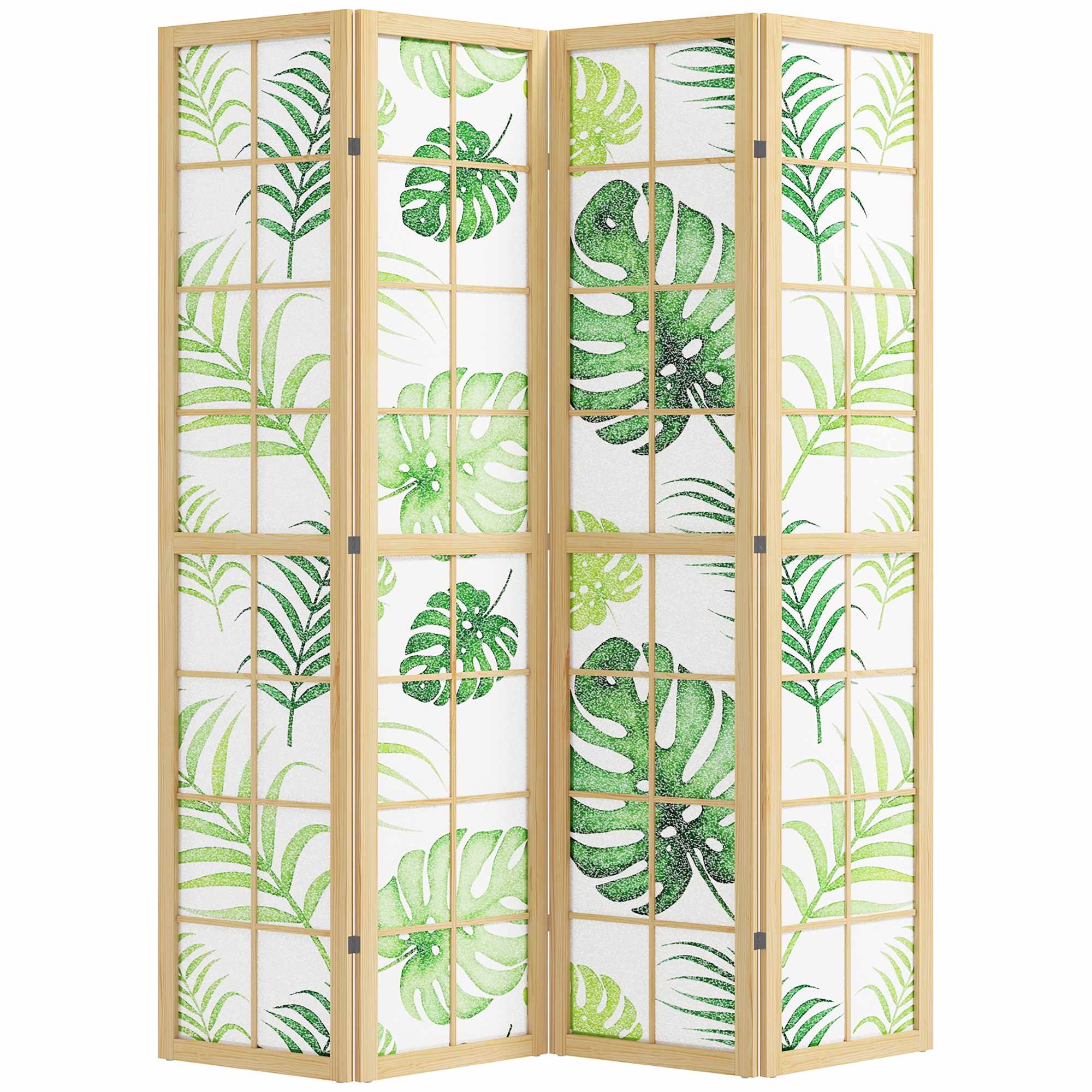 Vikbar rumsavdelare med 4 paneler, bohemisk palmdesign, grön
