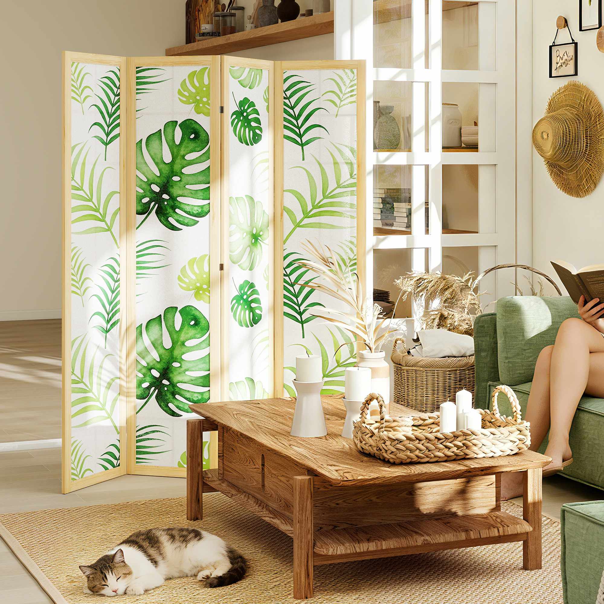 Vikbar rumsavdelare med 4 paneler, bohemisk palmdesign, grön