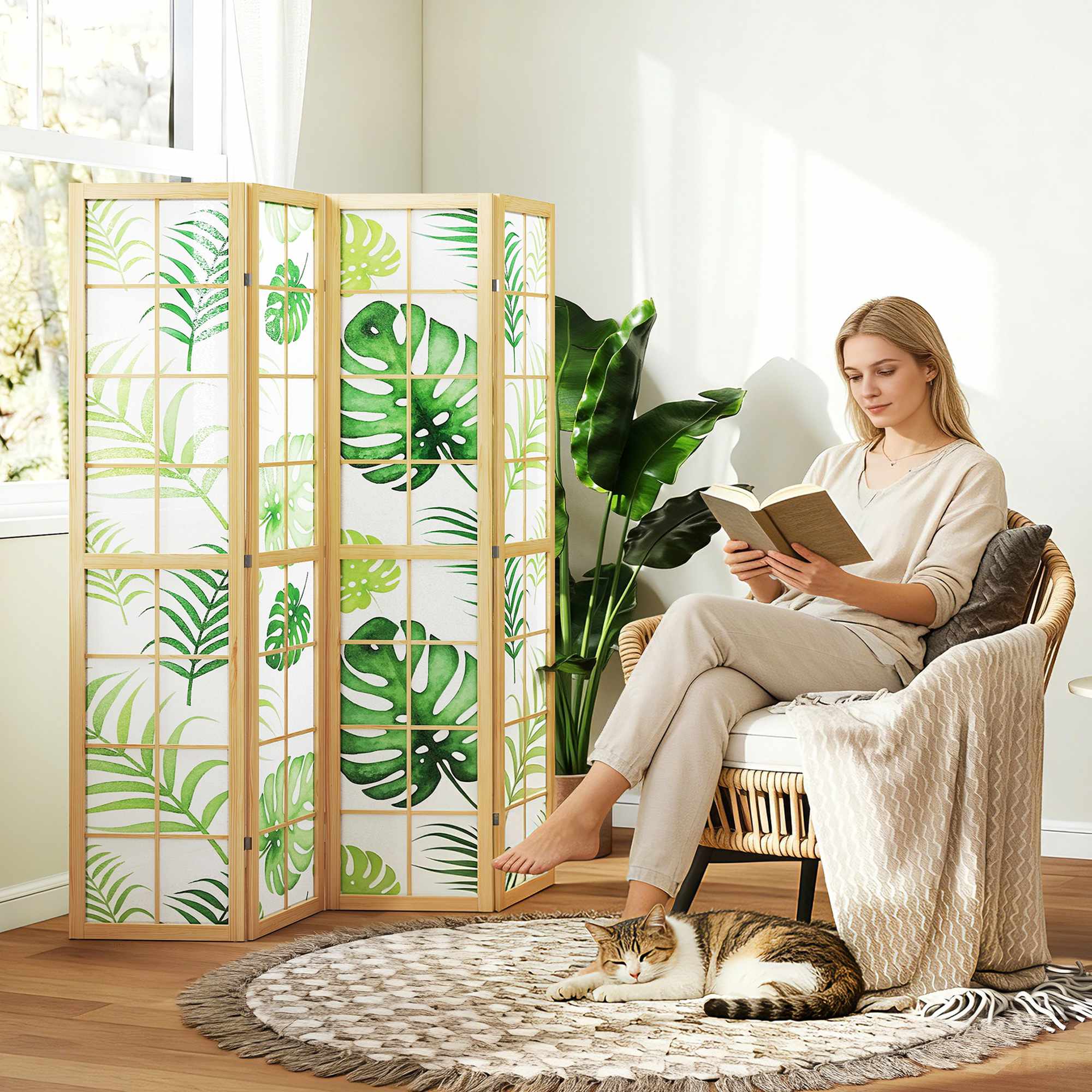 Vikbar rumsavdelare med 4 paneler, bohemisk palmdesign, grön