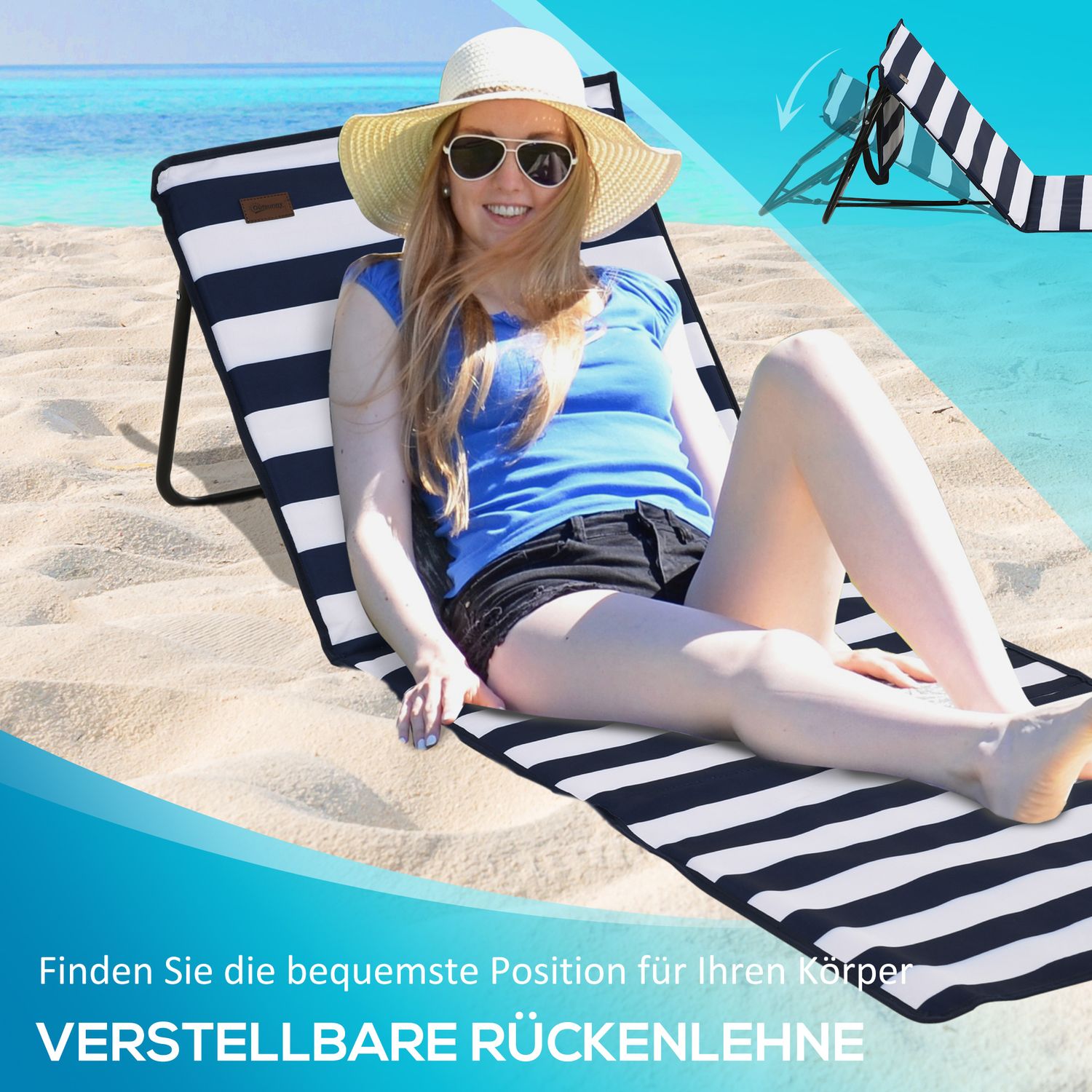 Vikbar strandmatta, justerbar med bär- och tidningsväska