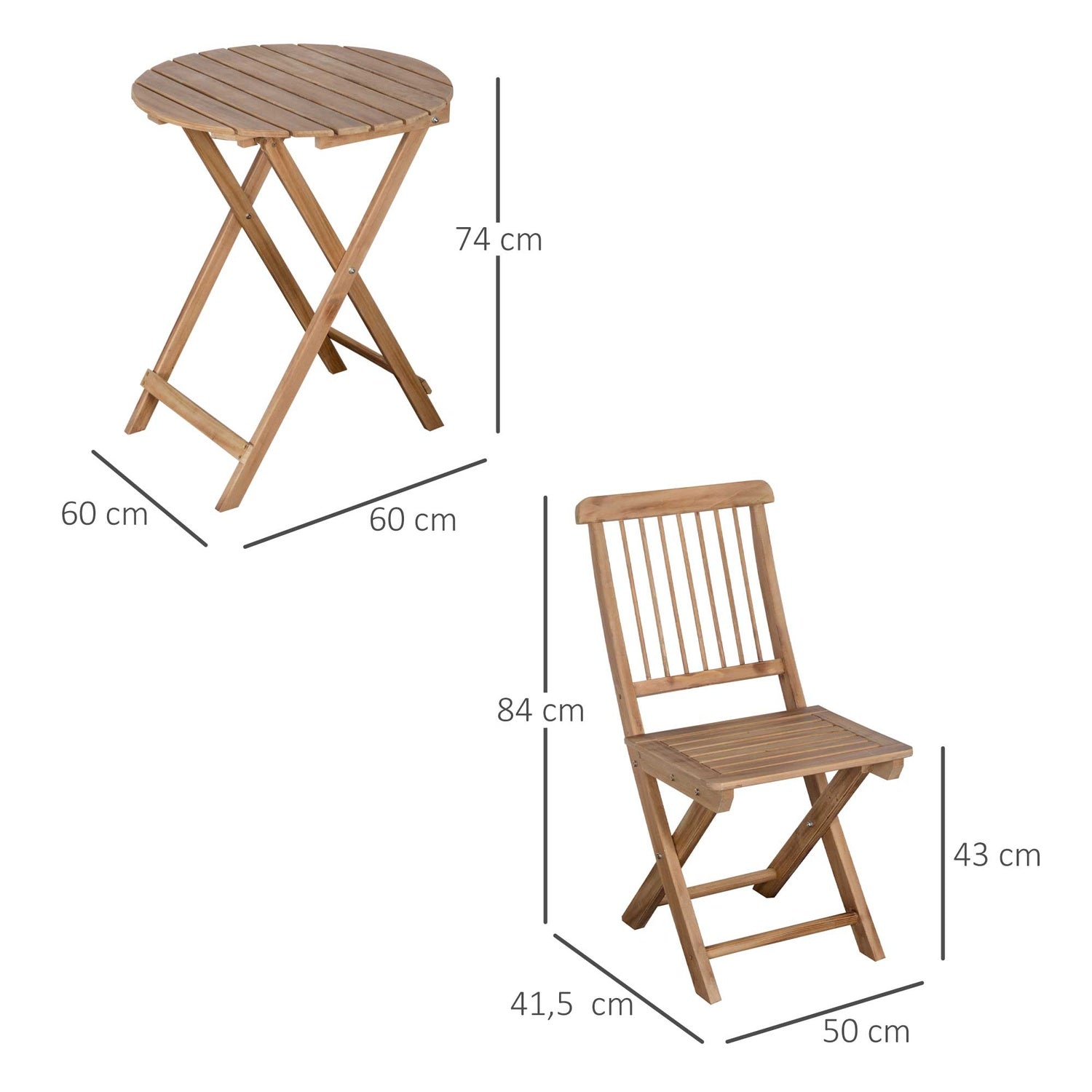 Vikbar träbistroset för 2, naturlig finish