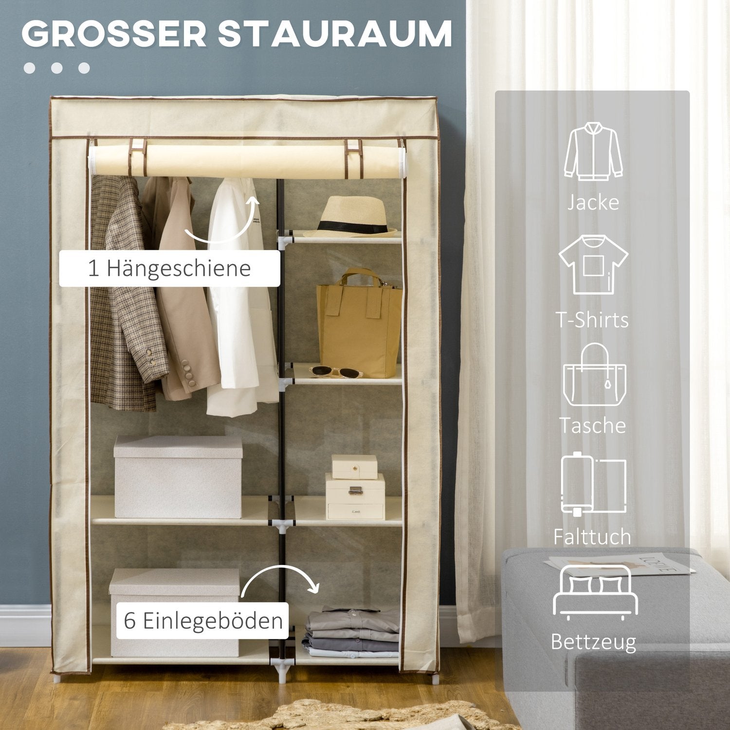 Vikbar tyggarderob – kräm, 2 skenor, 6 hyllor