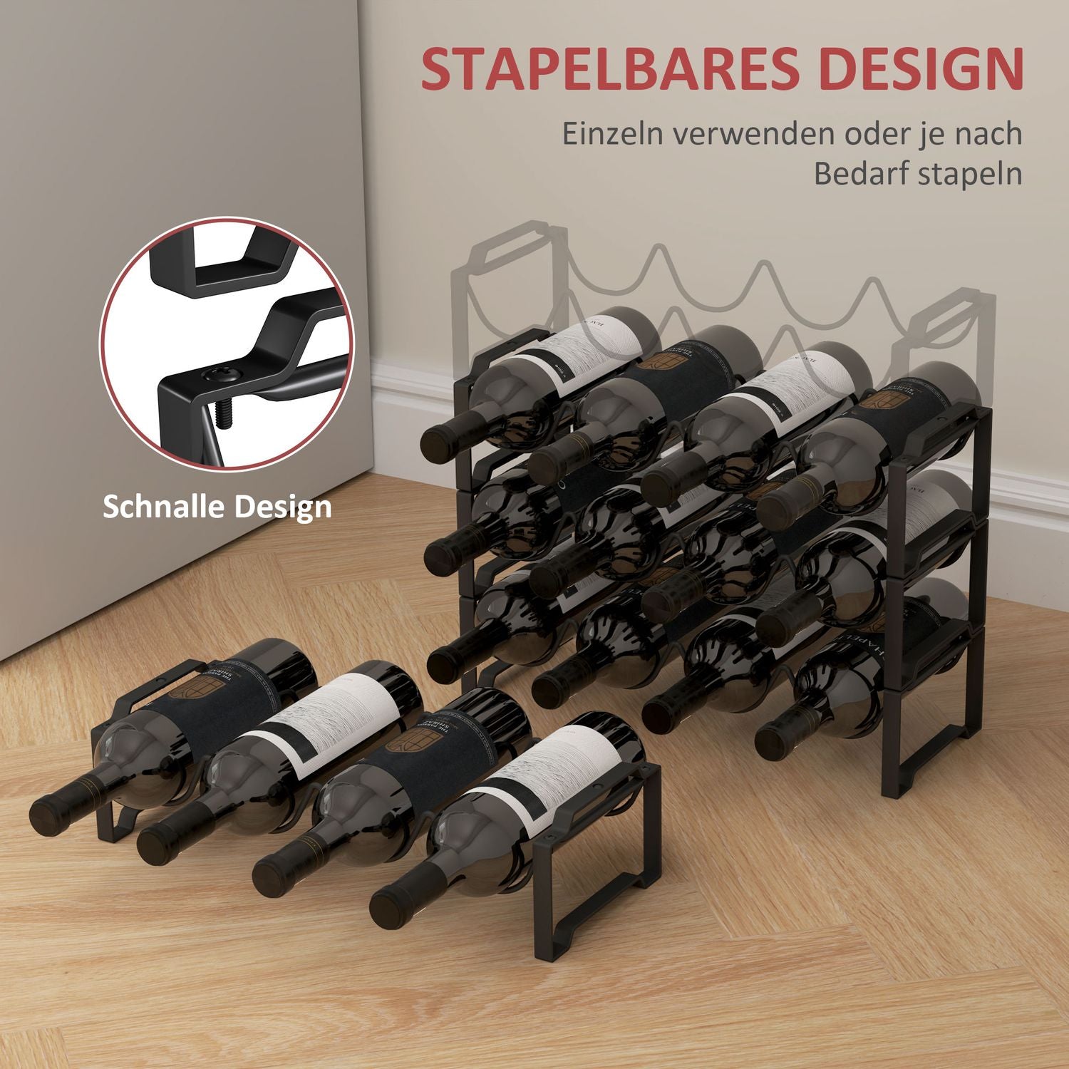Vinställ i metall för 16 flaskor – svart förvaringshållare