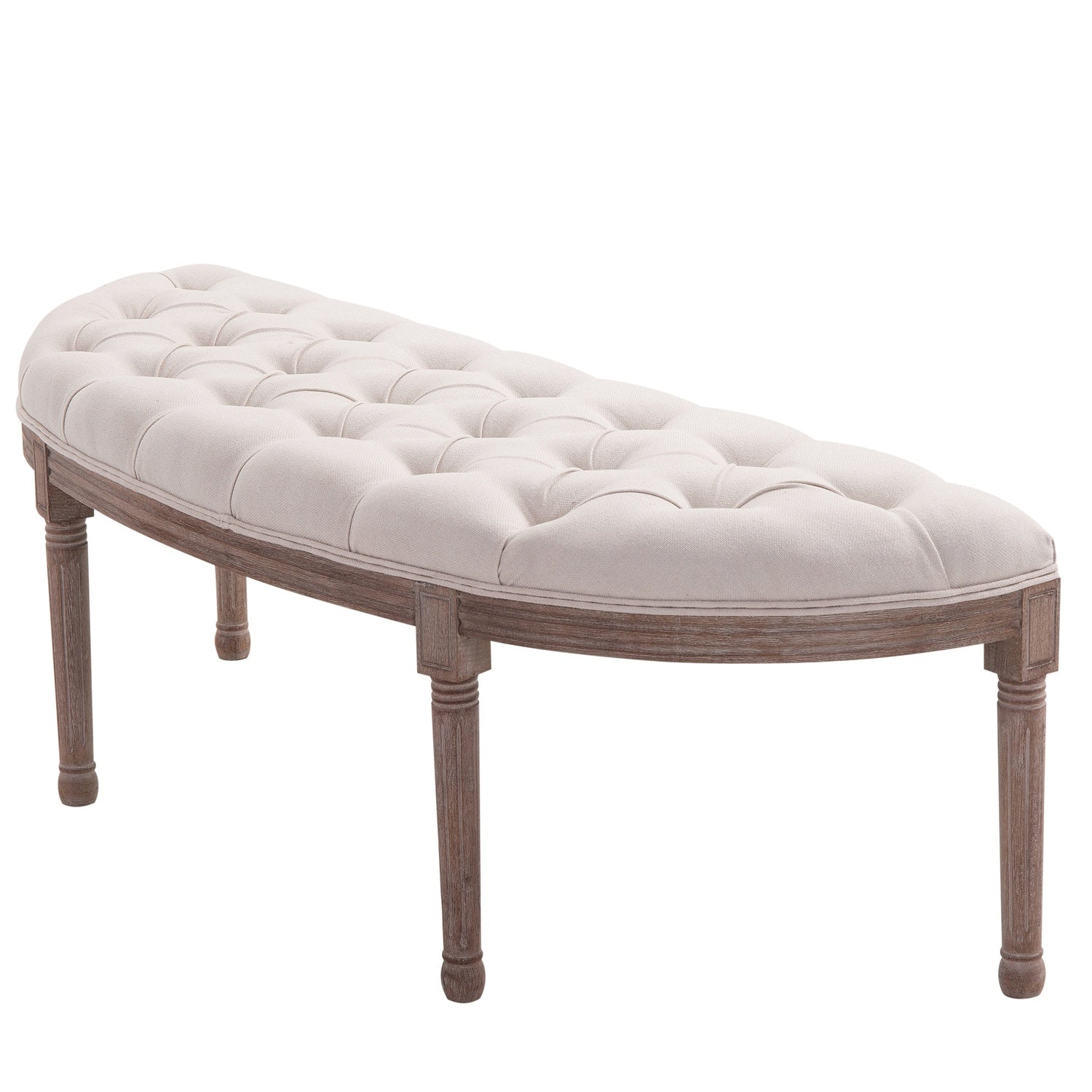 Vintage beige klädd bänk, linne & trä, 140,5 cm