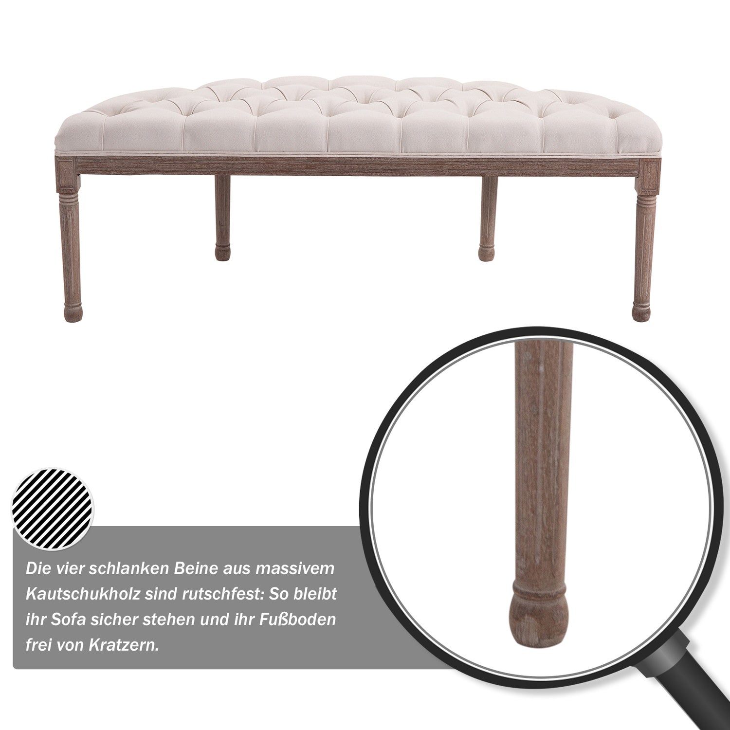 Vintage beige klädd bänk, linne & trä, 140,5 cm