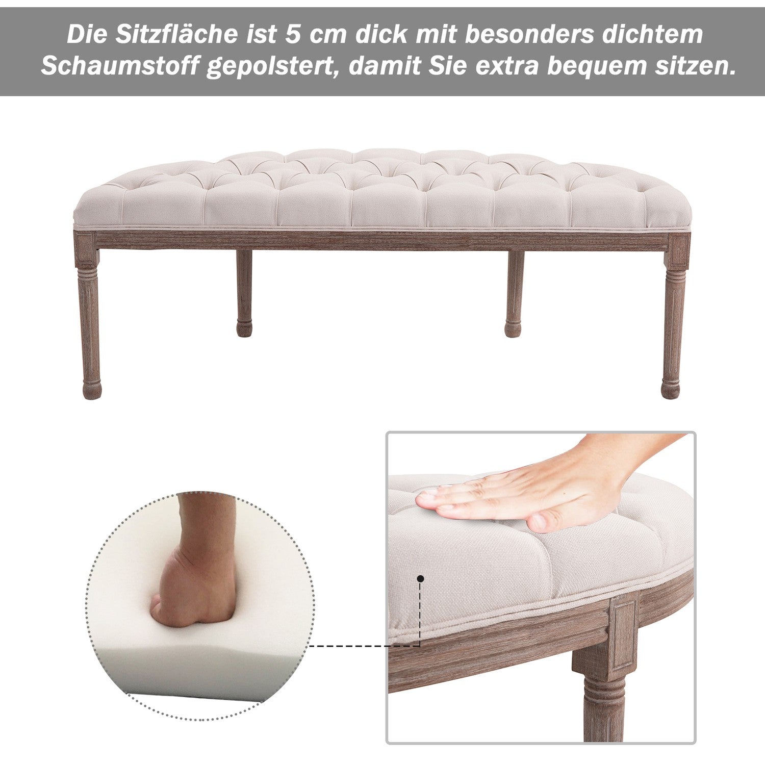 Vintage beige klädd bänk, linne & trä, 140,5 cm