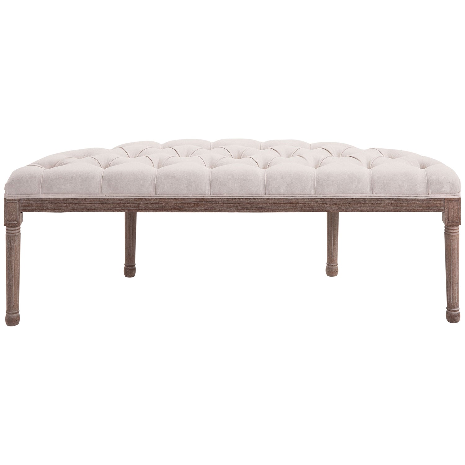 Vintage beige klädd bänk, linne & trä, 140,5 cm