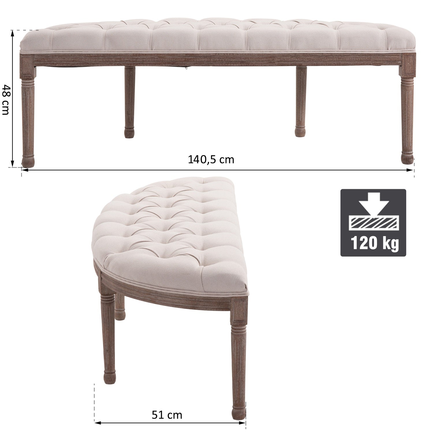 Vintage beige klädd bänk, linne & trä, 140,5 cm