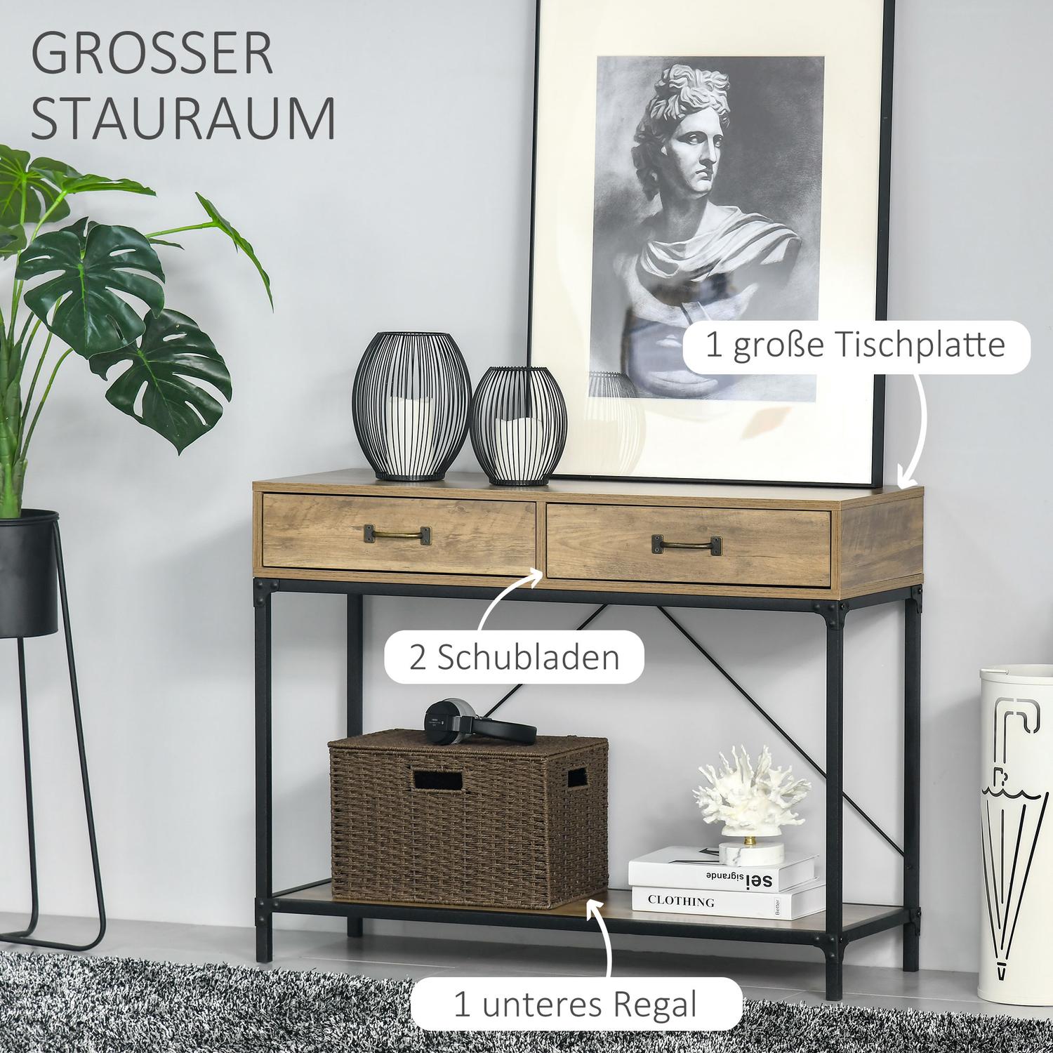 Vintage brunt konsolbord, 2 lådor & bottenhylla