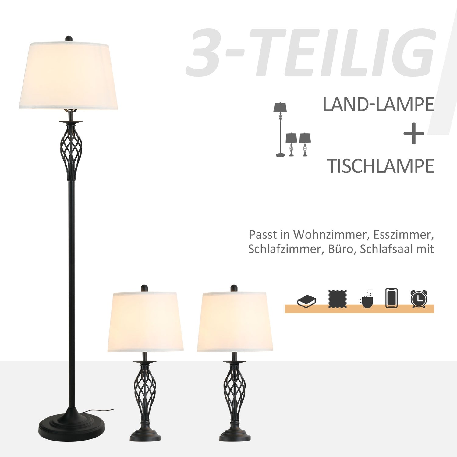 Vintage svart & vit lampsats – 2 bord, 1 golvlampa