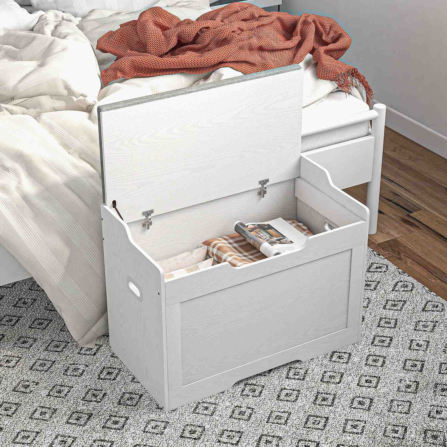 Vit 103L förvaringskista med lock och avtagbar kudde