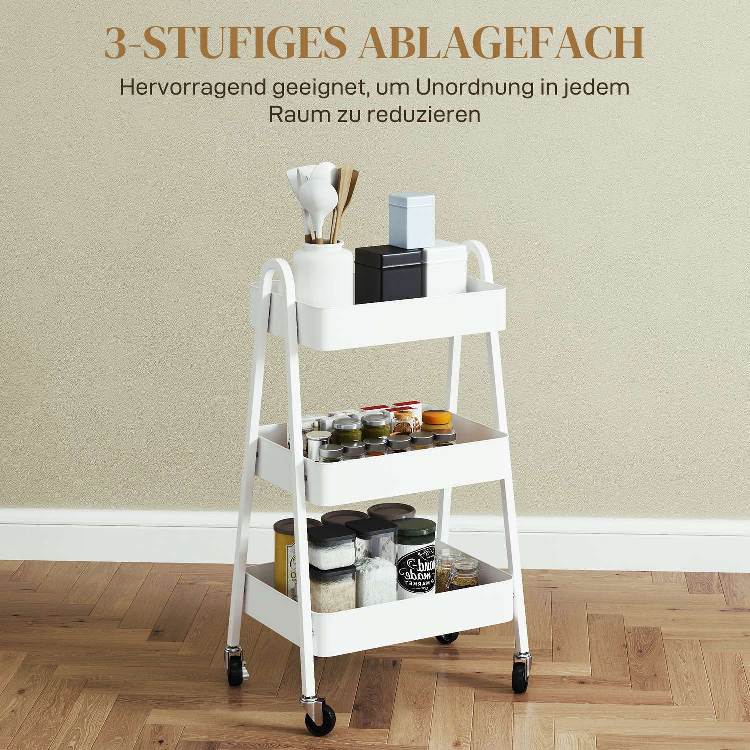 Vit 3-vånings köksvagn med hjul och bromsar