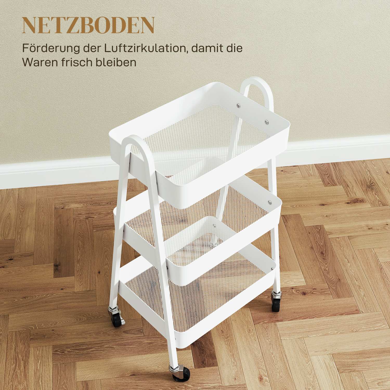 Vit 3-vånings köksvagn med hjul och bromsar