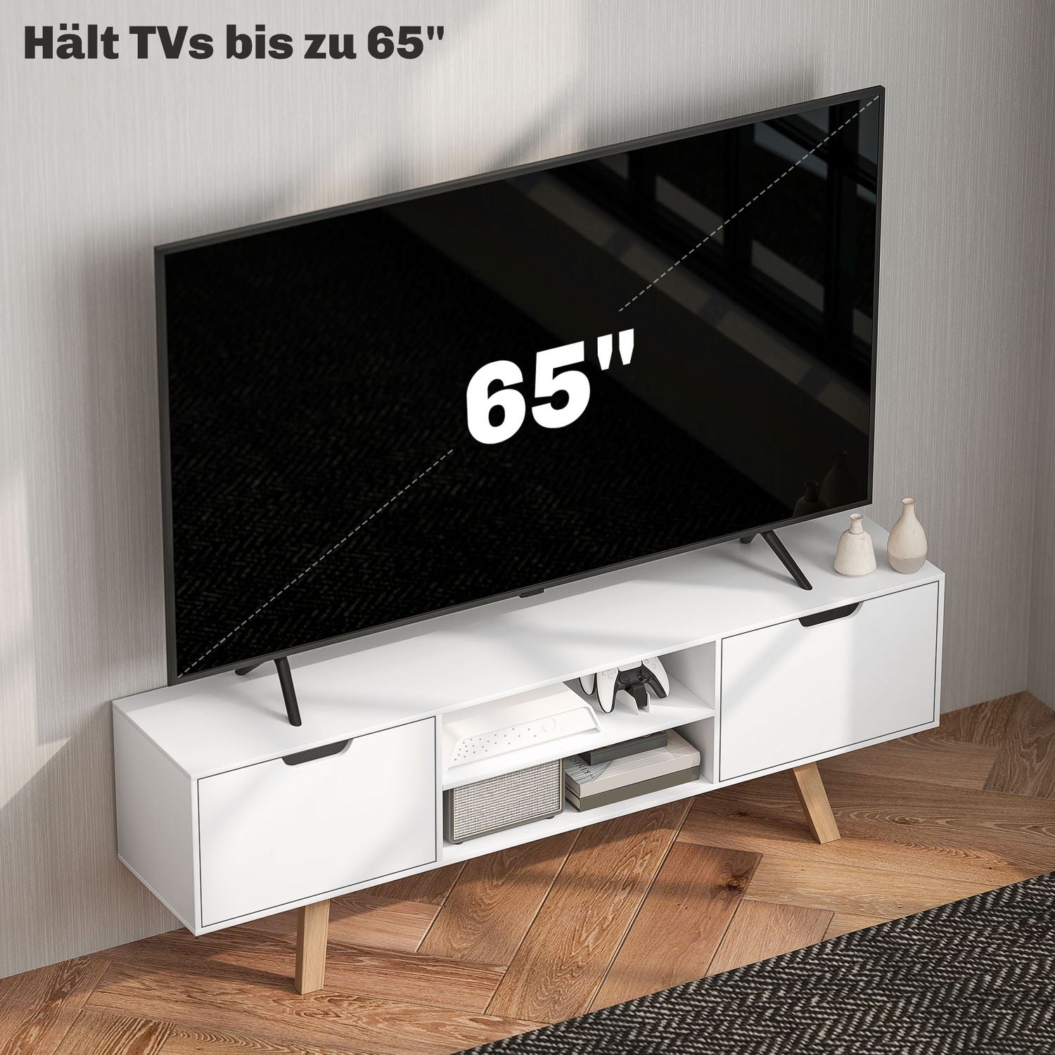 Vit TV-bänk, passar TV-apparater upp till 65"", 2 skåp och hyllor