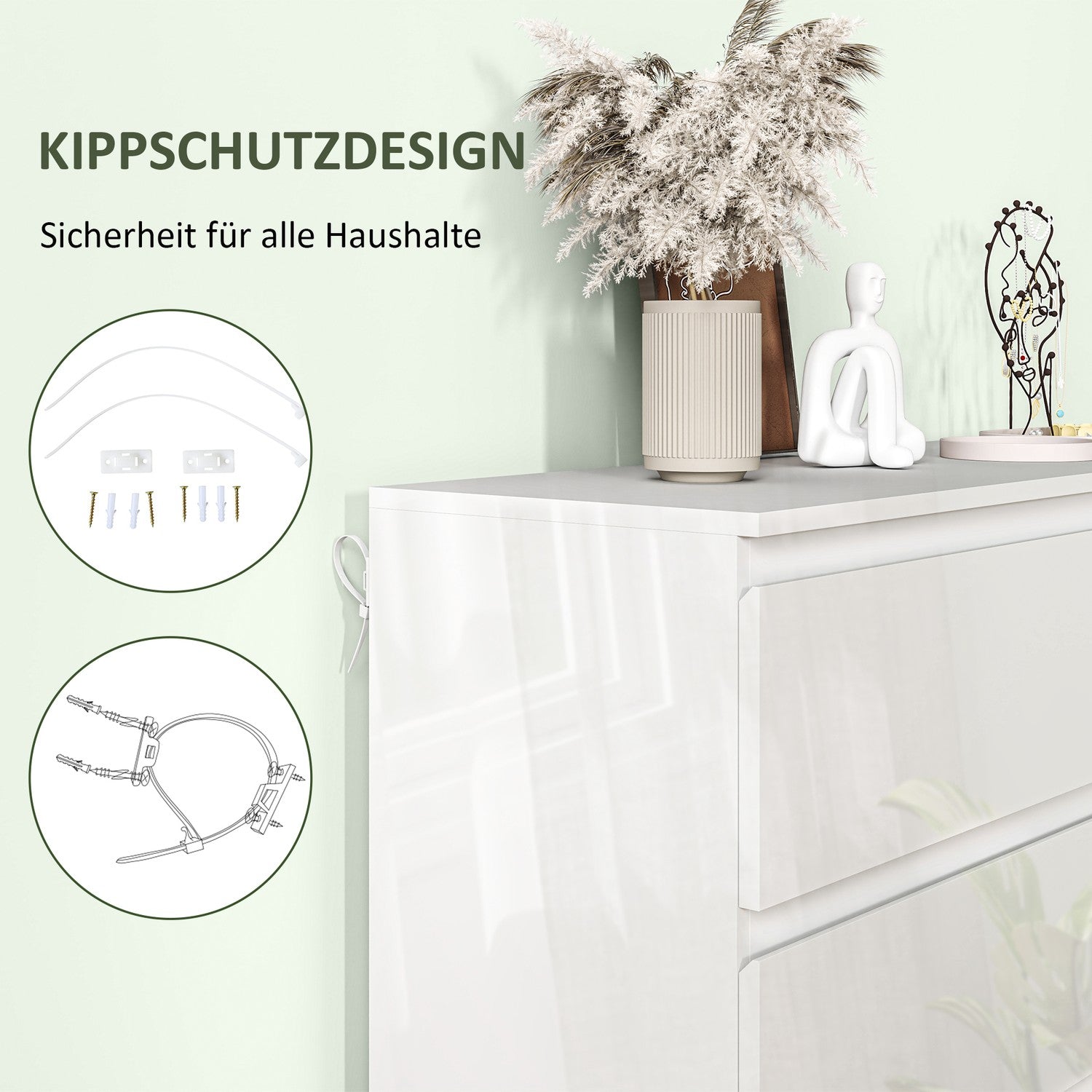 Vit byrå med 5 tippskyddande flikar, 55x34x100 cm