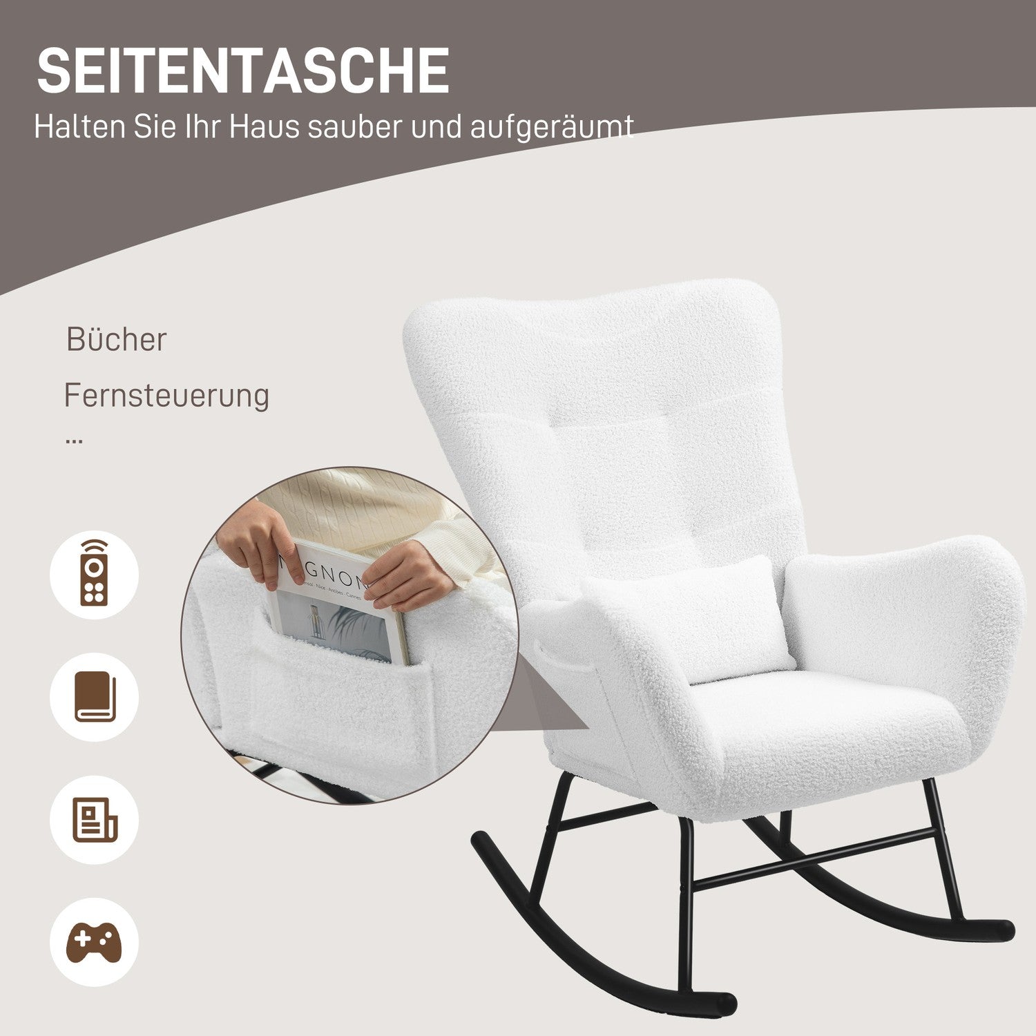 Vit gungstol, teddytyg, svankkudde, sidoficka