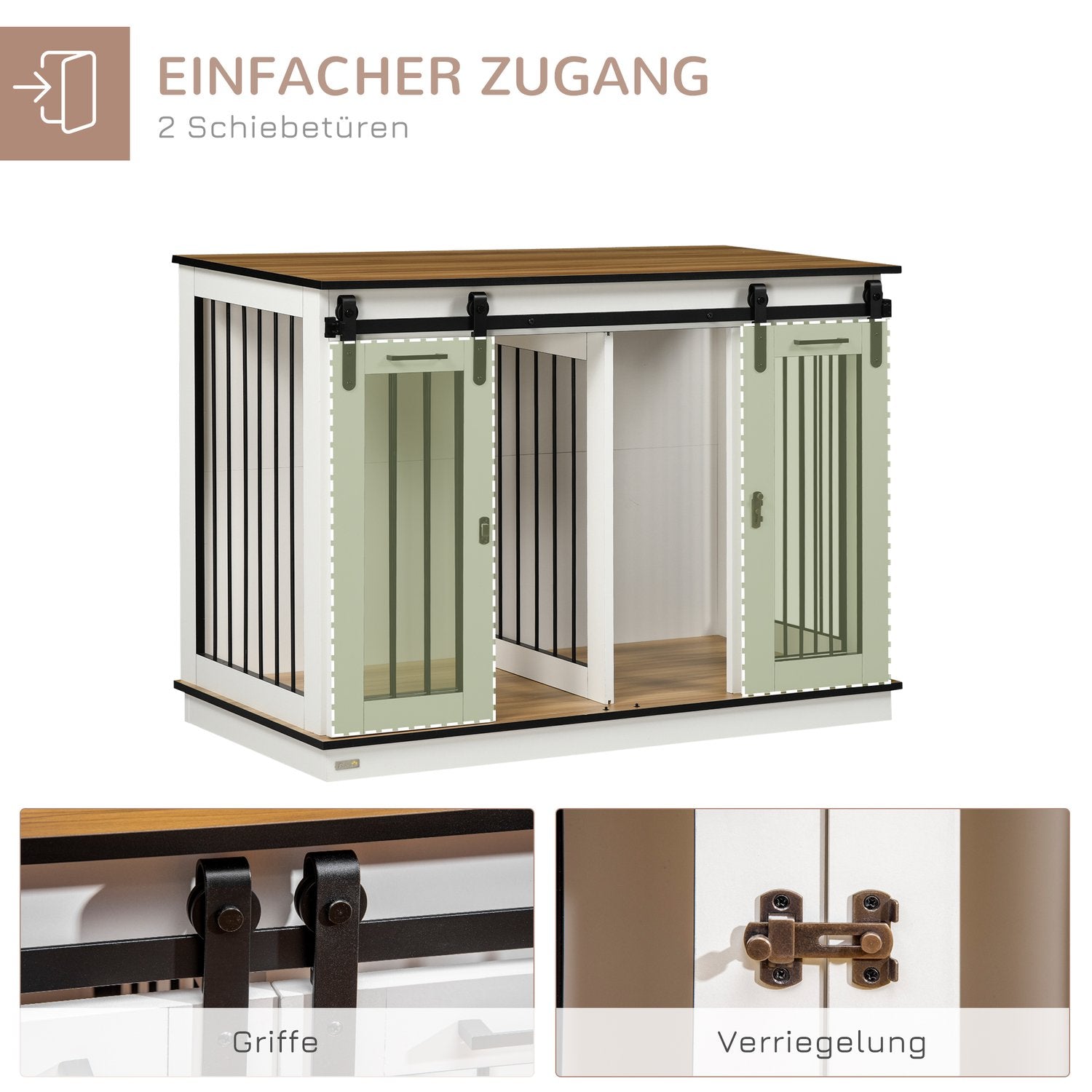 Vit hundbur med dubbla rum och dubbla dörrar, medelstor