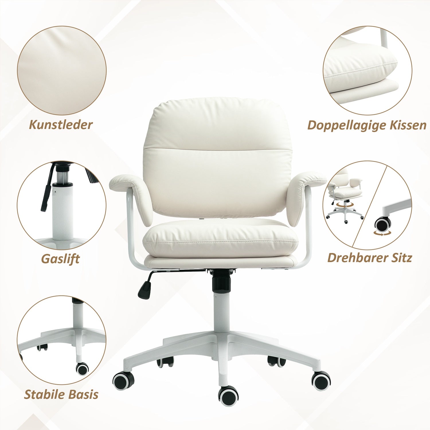 Vit kontorsstol i konstläder, justerbar, lutningsfunktion