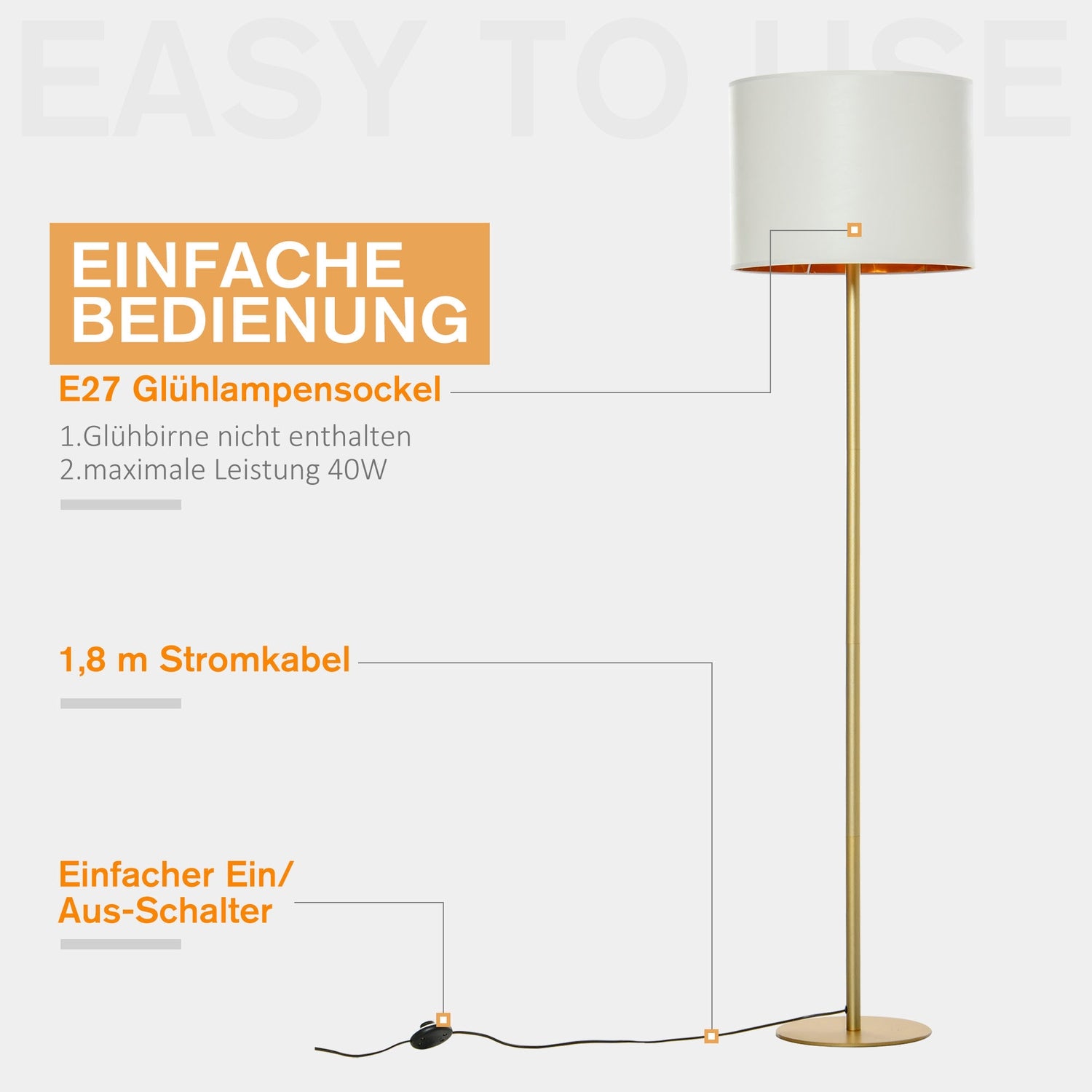Vit metall golvlampa för vardagsrum, Ø40 x 160H Cm