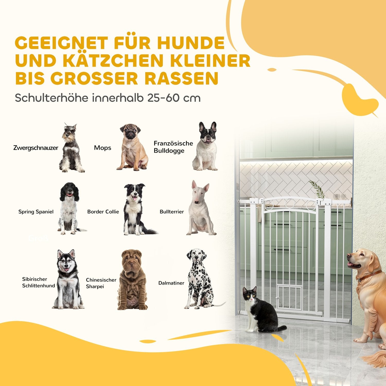 Vit stålskyddsgrind för hund och katt, 76-104 cm, ingen borrinstallation