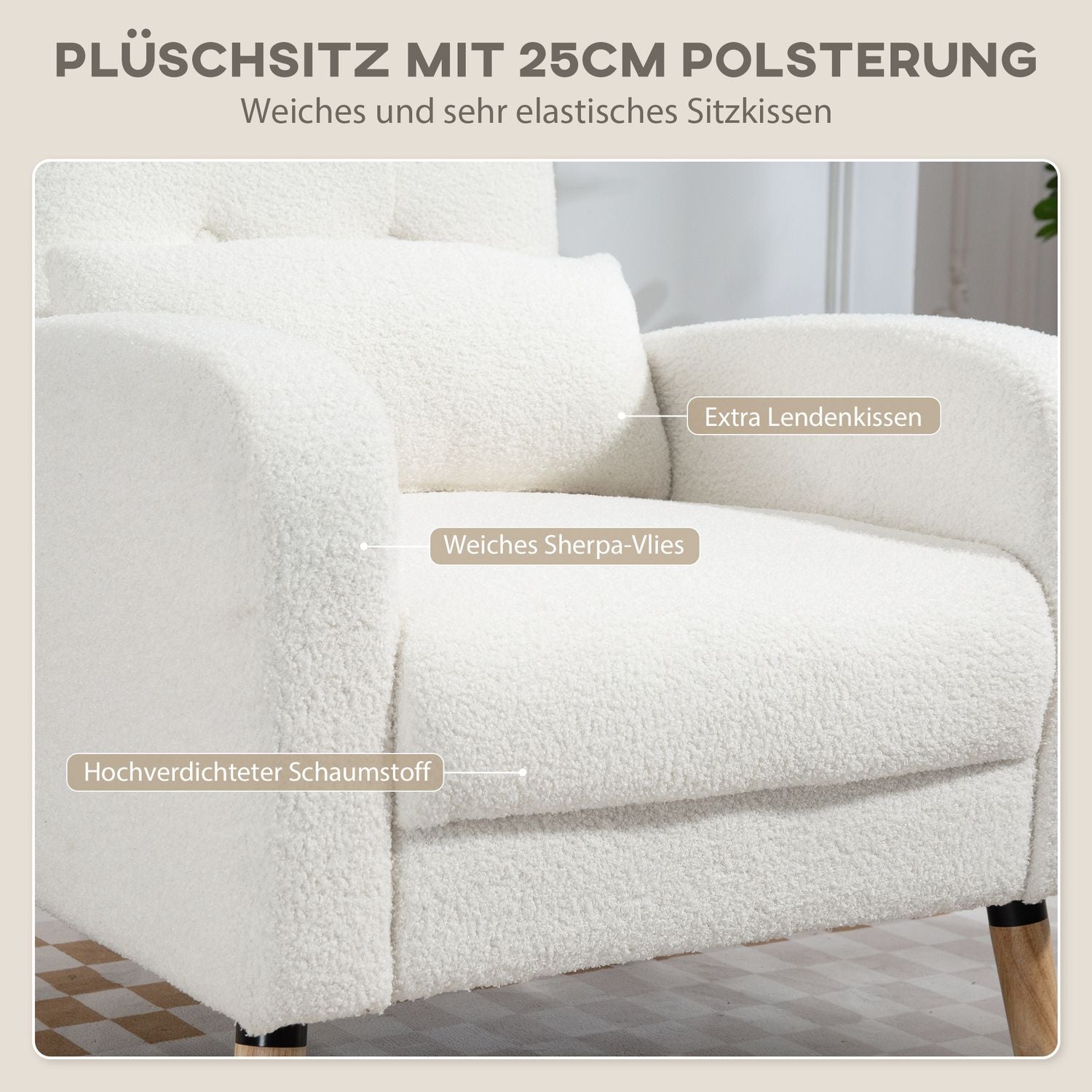 Vit stoppad fåtölj med kudde, ben av gummiträ