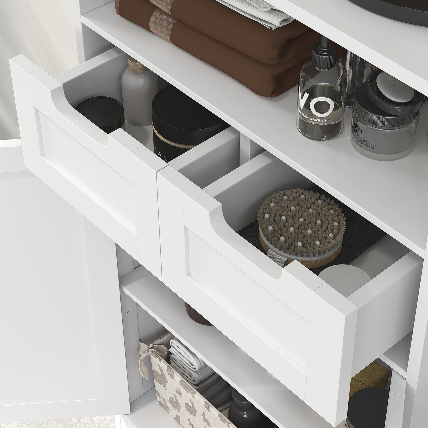 Vitt badrumsförvaringsskåp, ställbar hylla, 2 lådor