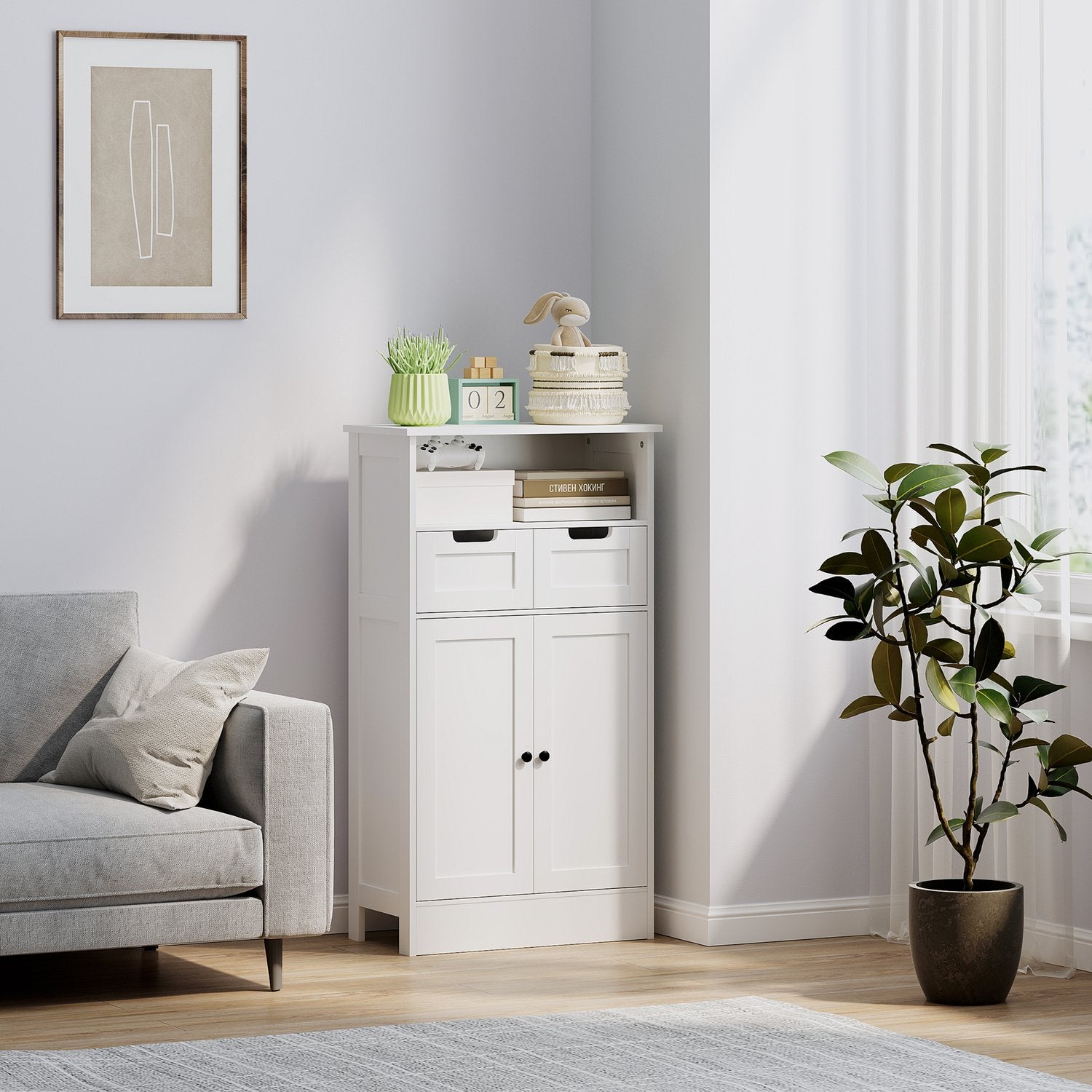 Vitt badrumsförvaringsskåp, ställbar hylla, 2 lådor