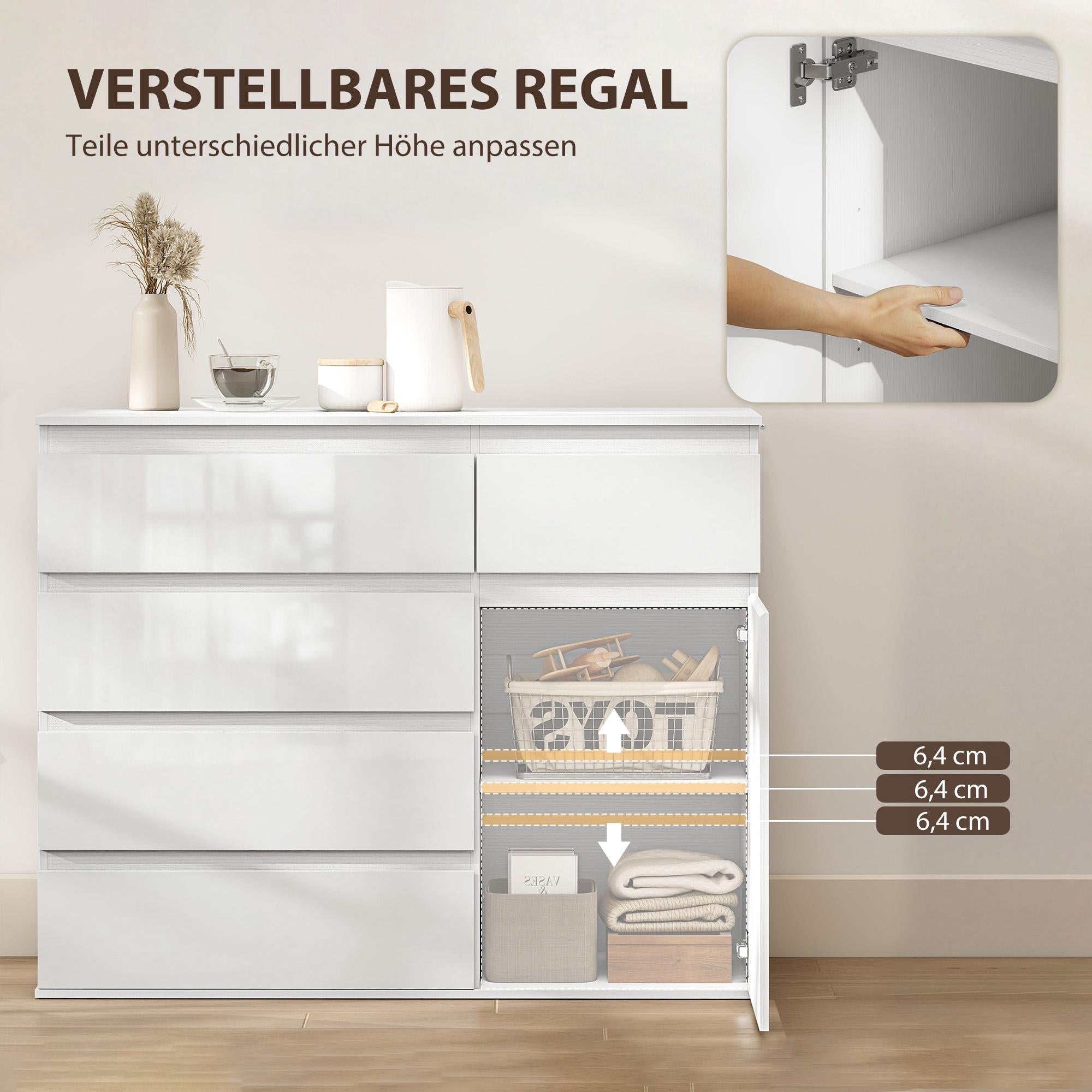 Vitt högglansskänk med 5 lådor och justerbar hylla